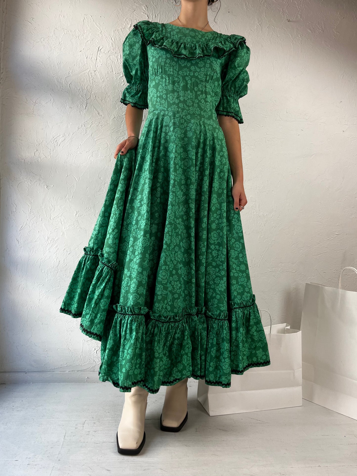 90s Handmade Green Floral Cottage Core Maxi Dress / Medium