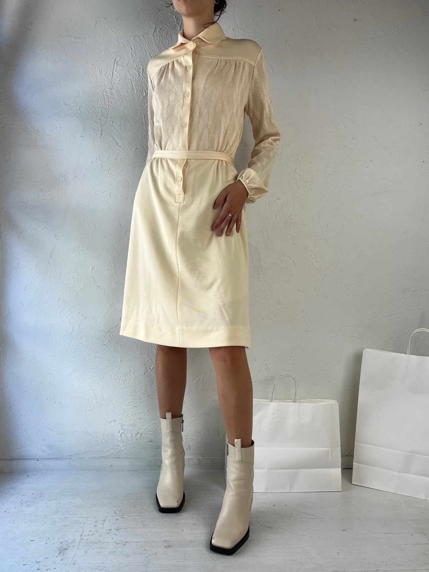 80s 'Stage T' Cream Polyester Collared Dress / Small