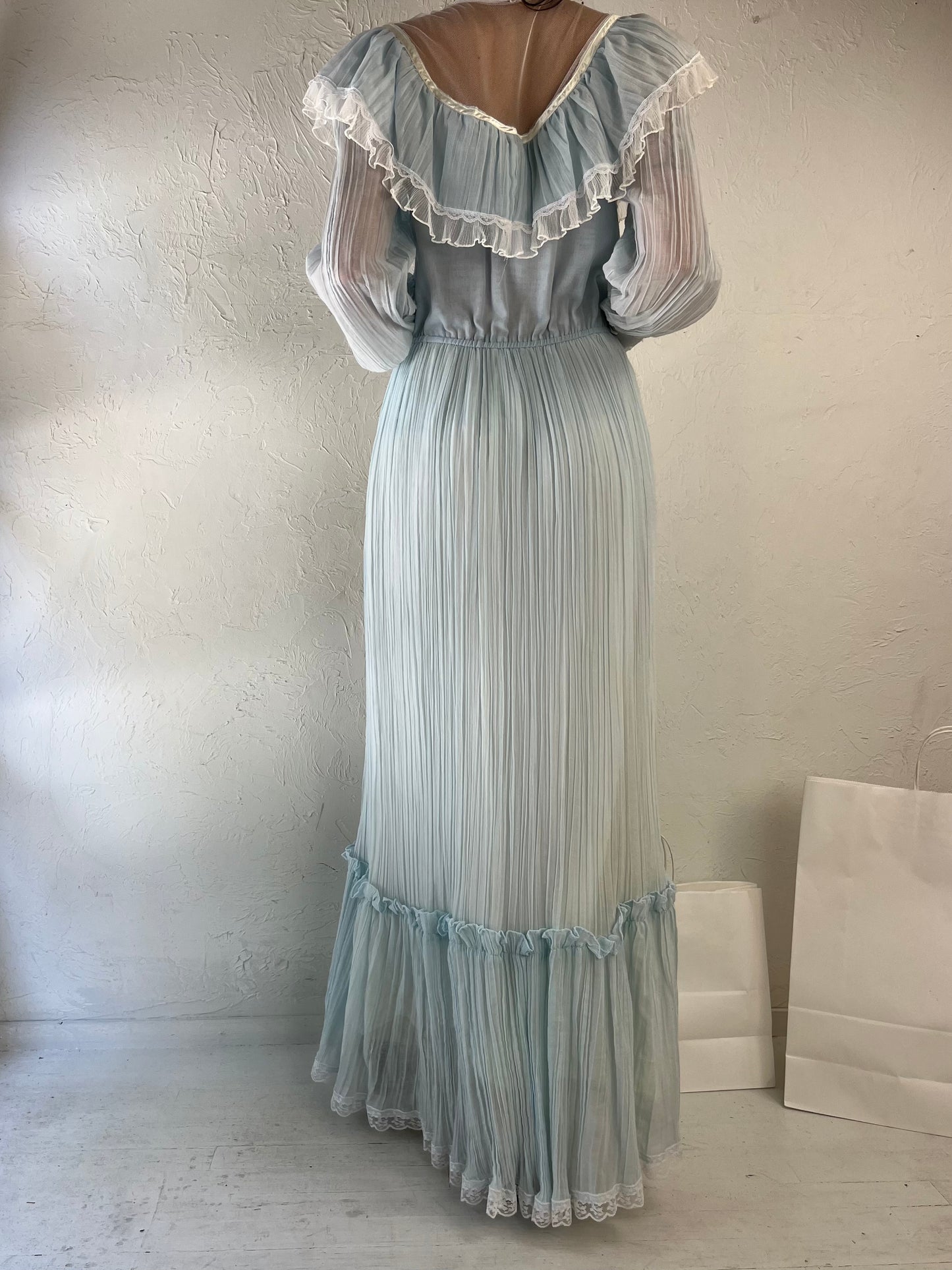 70s 'Gunne Sax' Blue Long Sleeve Lacey Peasant Dress / Medium