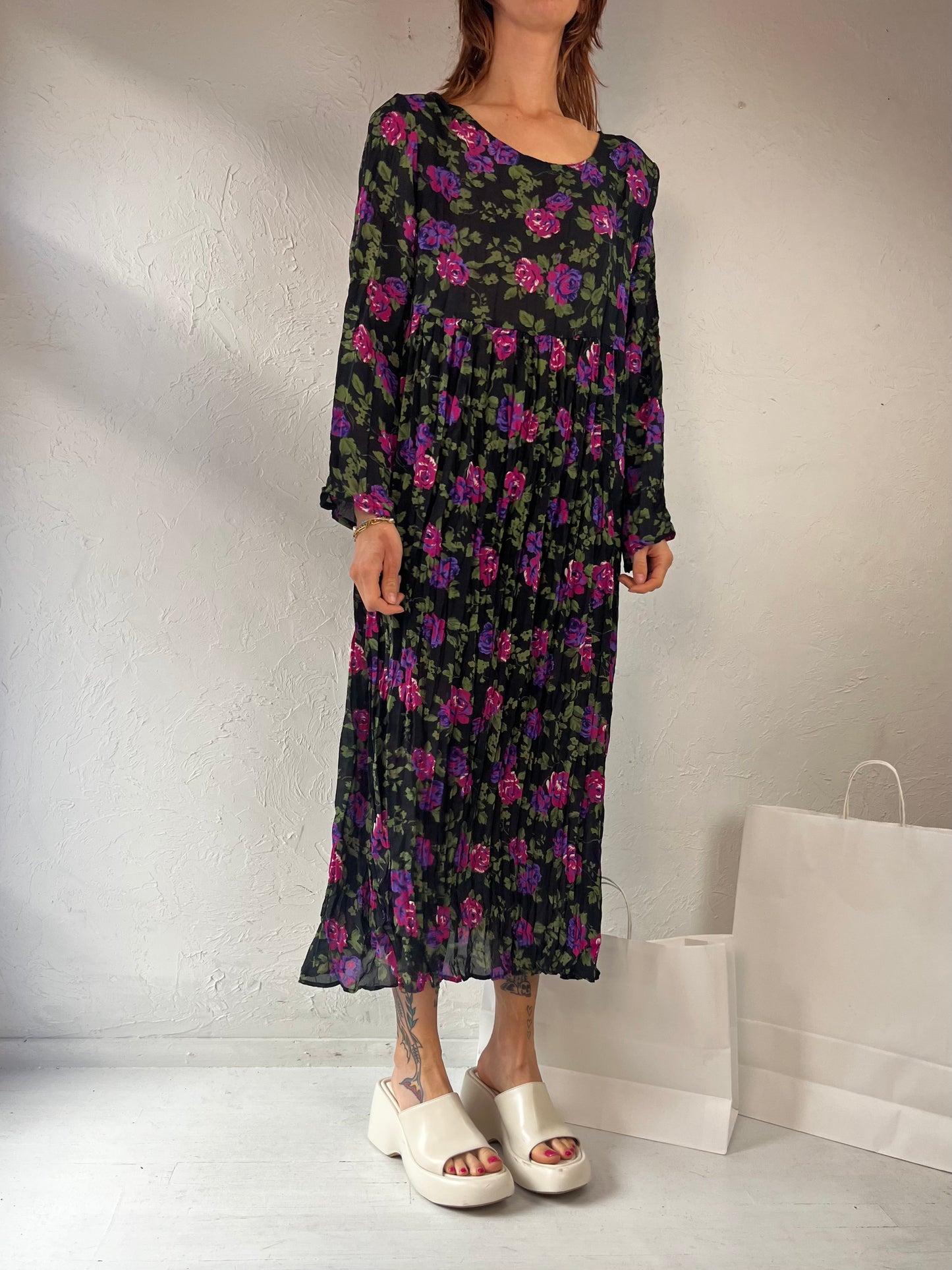 90s 'Kristy' Long Sleeve Floral Print Dress / Medium