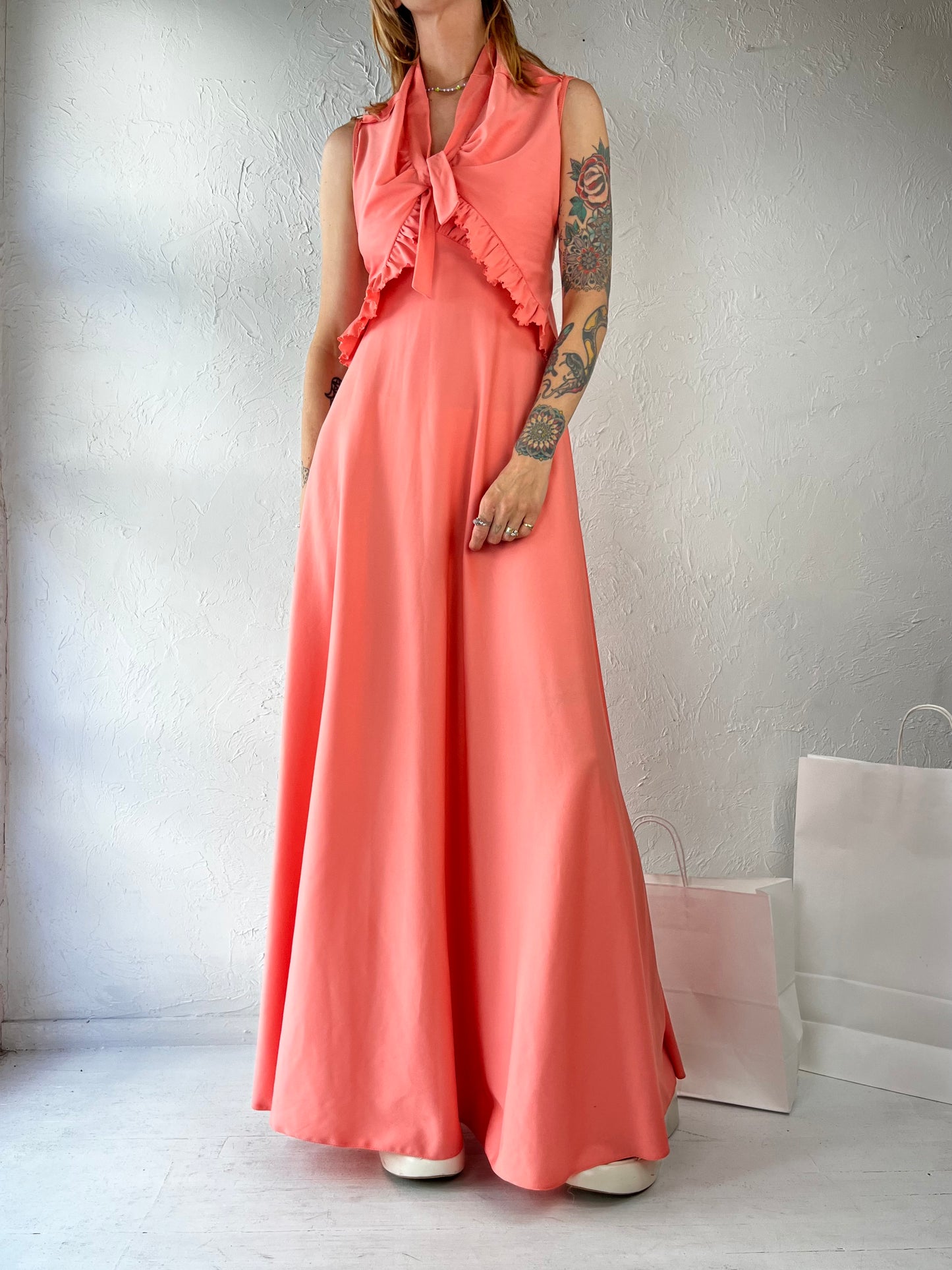 70s Pink Sleeveless Evening Dress Set / Small