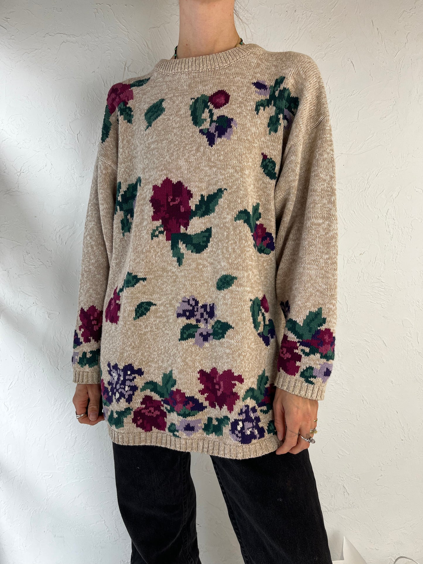 90s 'Northern Reflections' Floral Cotton Knit Sweater / Large