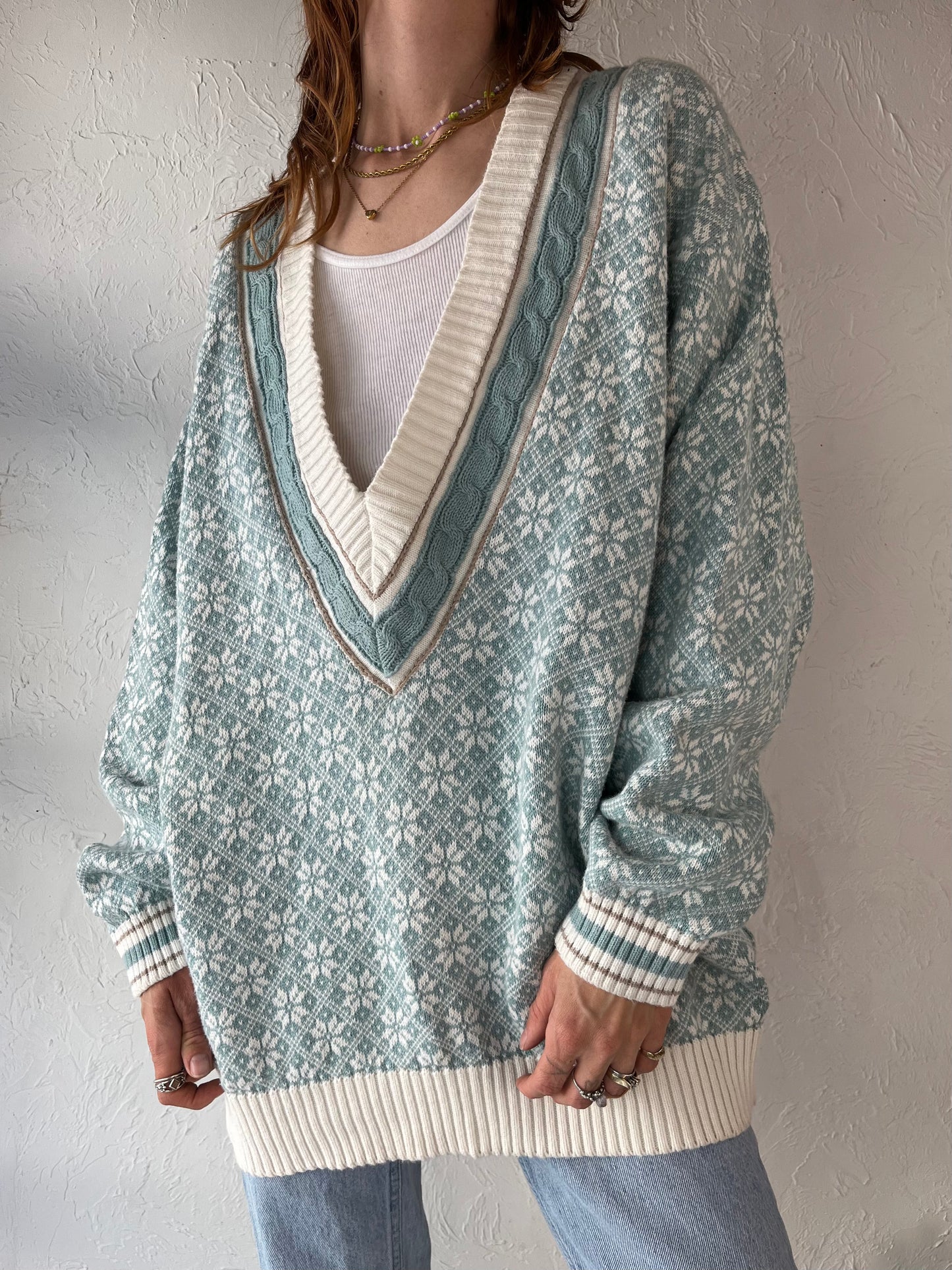 90s 'Liz Claiborne' Blue Cotton Knit V Neck Sweater / Small