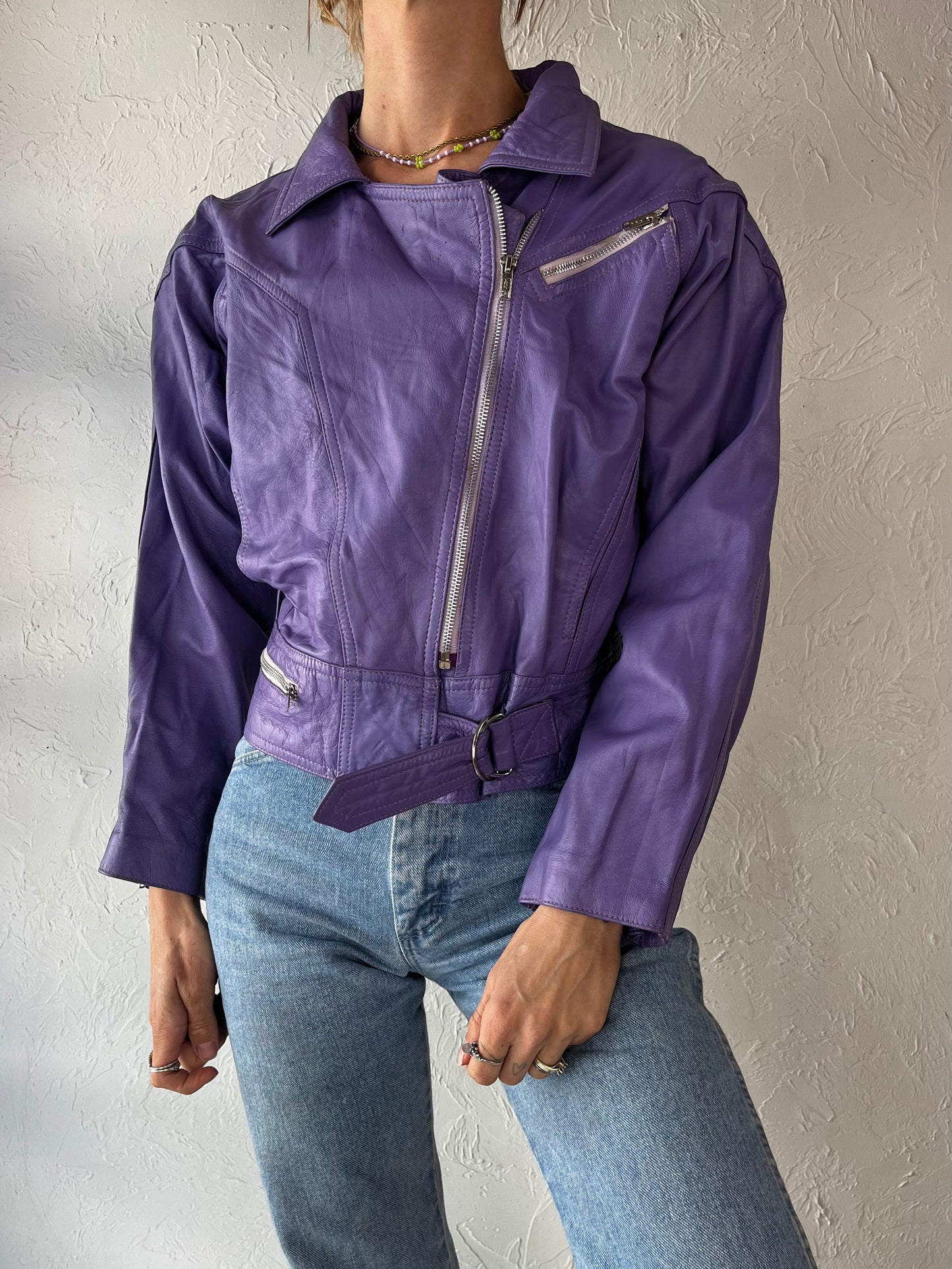 90s 'Khjana Imports' Purple Leather Moto Jacket / Medium