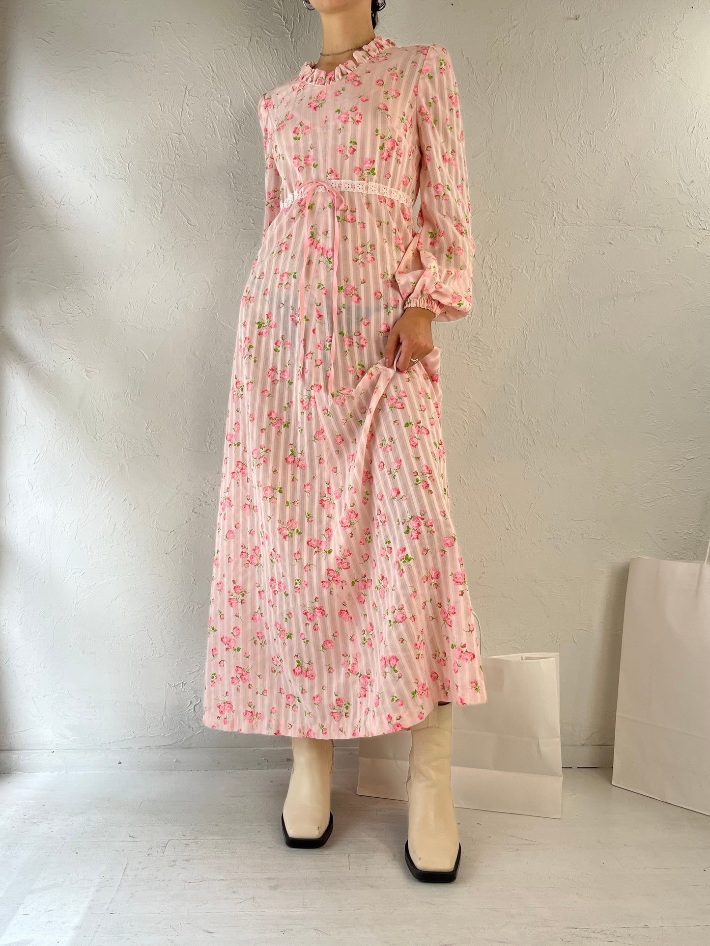 80s Pink Long Sleeve Flower Peasant Dress / Small