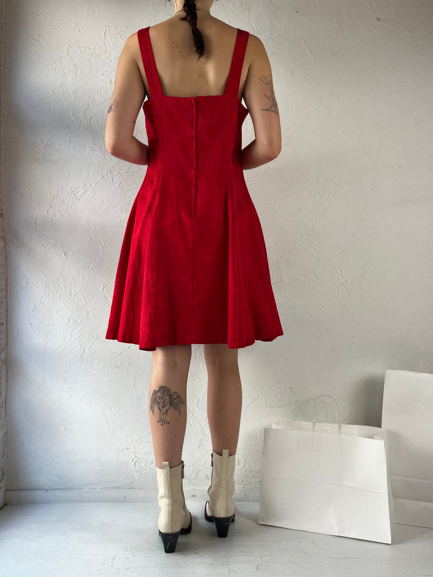 90s Red Paisley Skater Dress / Medium