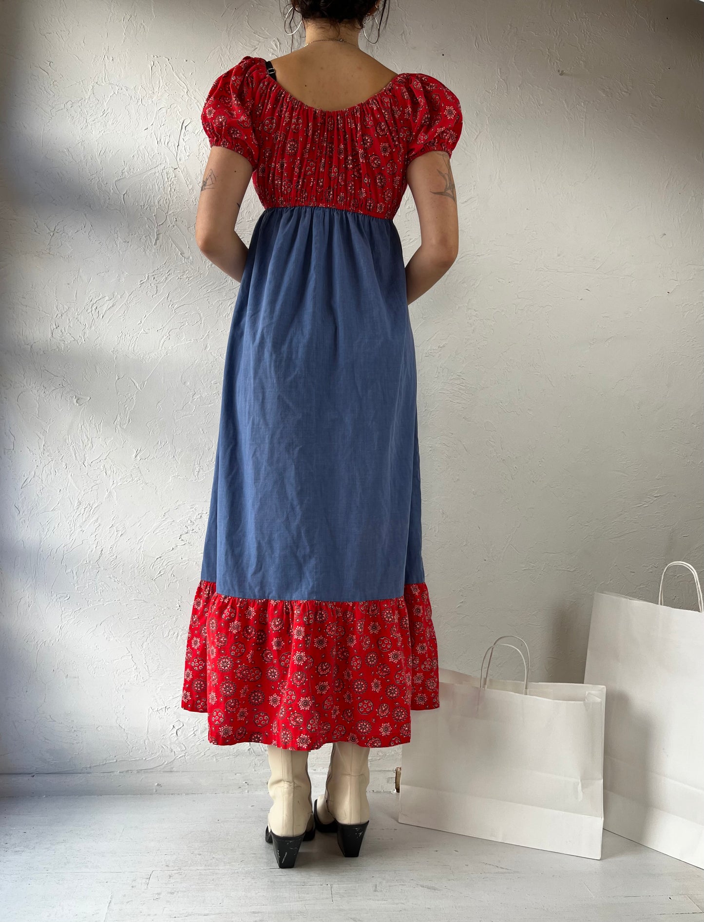 70s Handmade Bandana Off The Shoulder Peasant Maxi Dress / Small