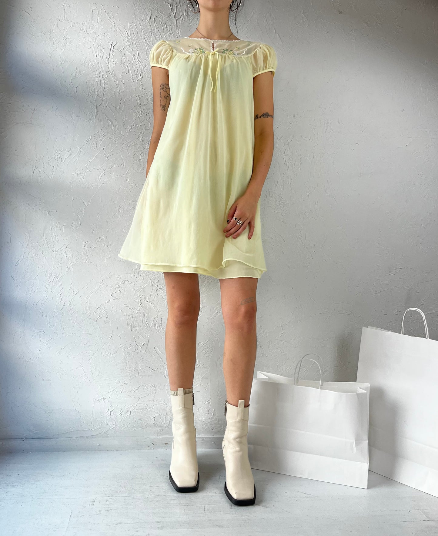 90s 'French Maid' Yellow Mini Night Dress / Small