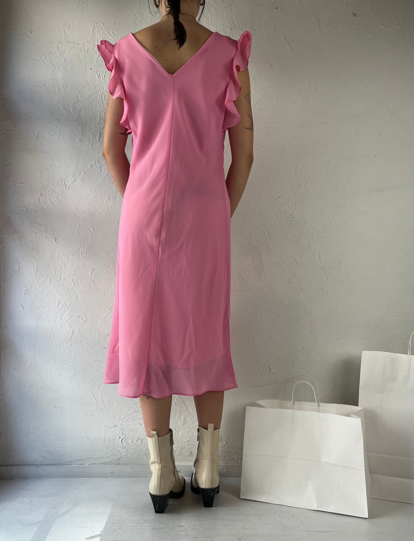90s 'Blush' Pink Ruffle Midi Dress / Large