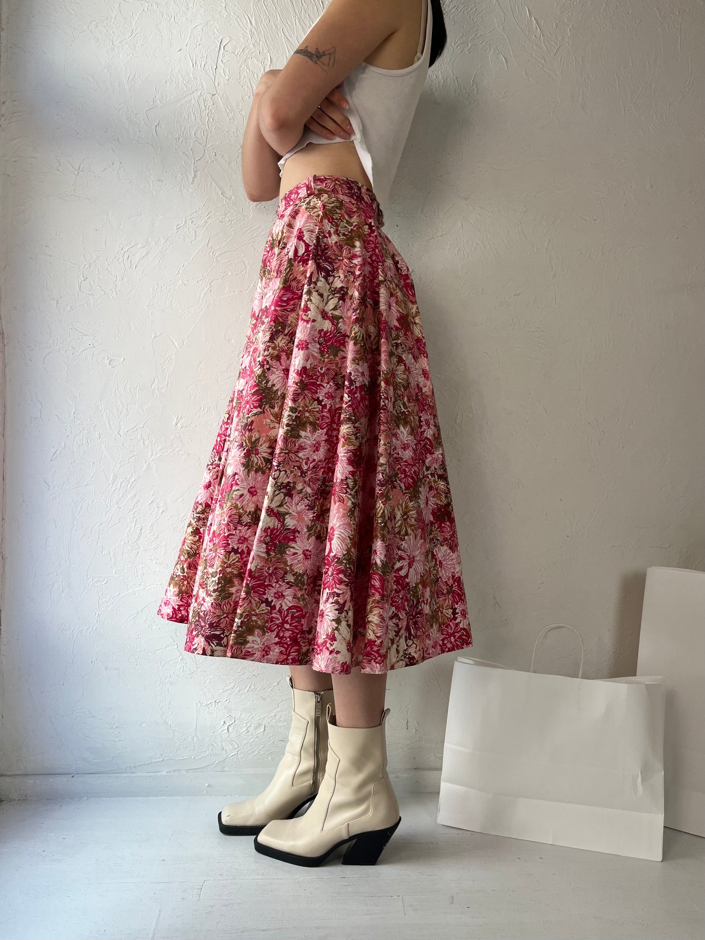 60s Handmade Pink Floral A Line Midi Skirt / Small