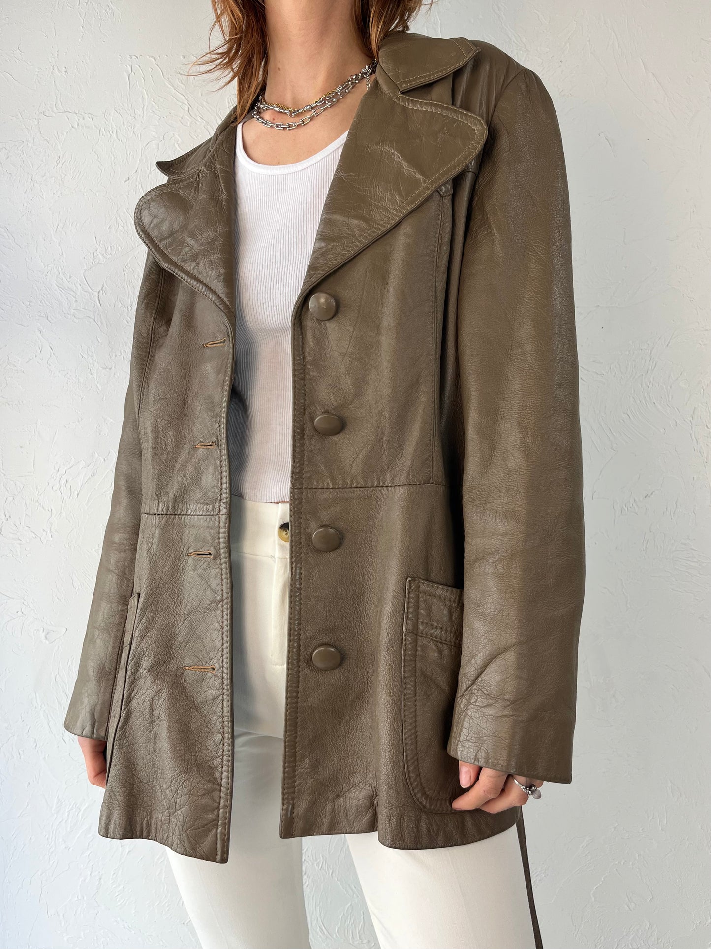 90s Brown Leather Half Trench Jacket / Medium
