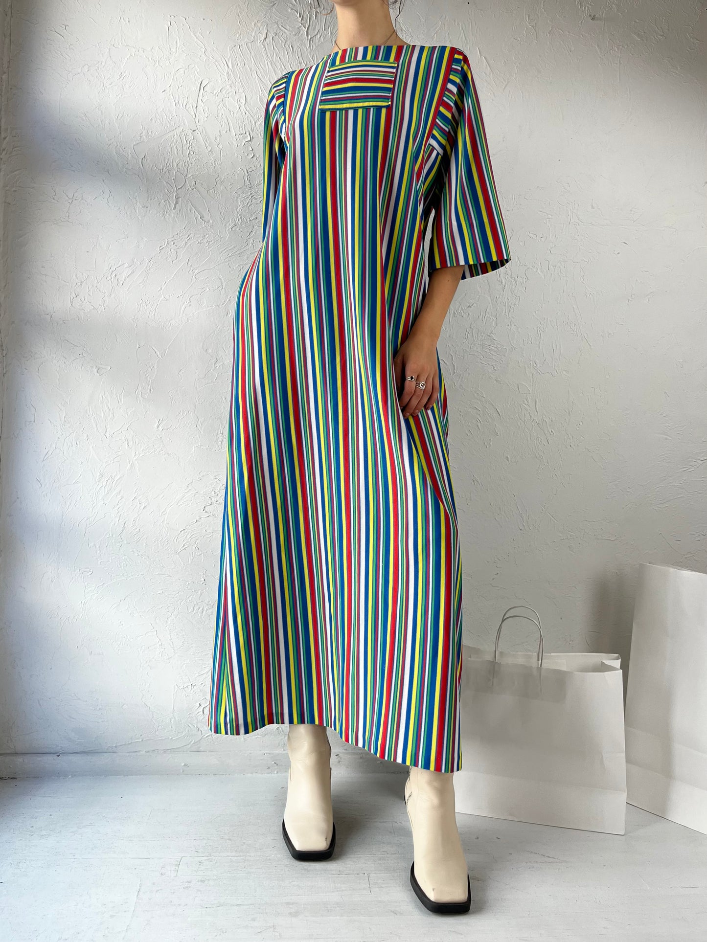70s Striped Rainbow Mumu Maxi Dress / Small