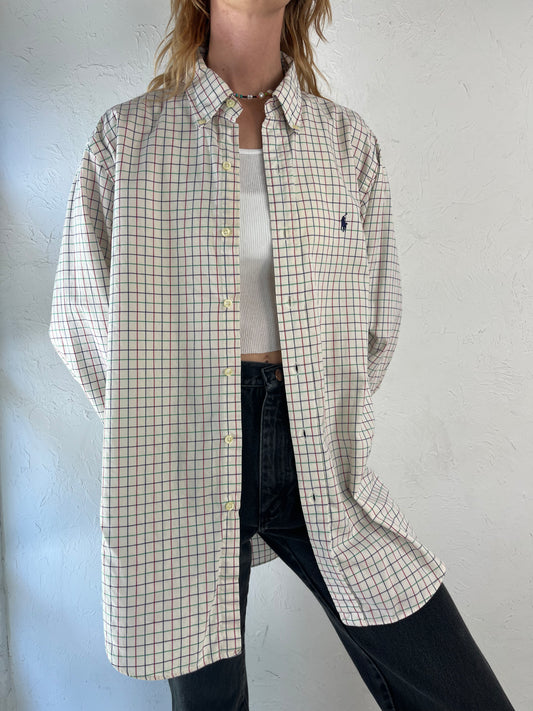 Y2k 'Ralph Lauren' White Check Button Up Mens Dress Shirt / Large