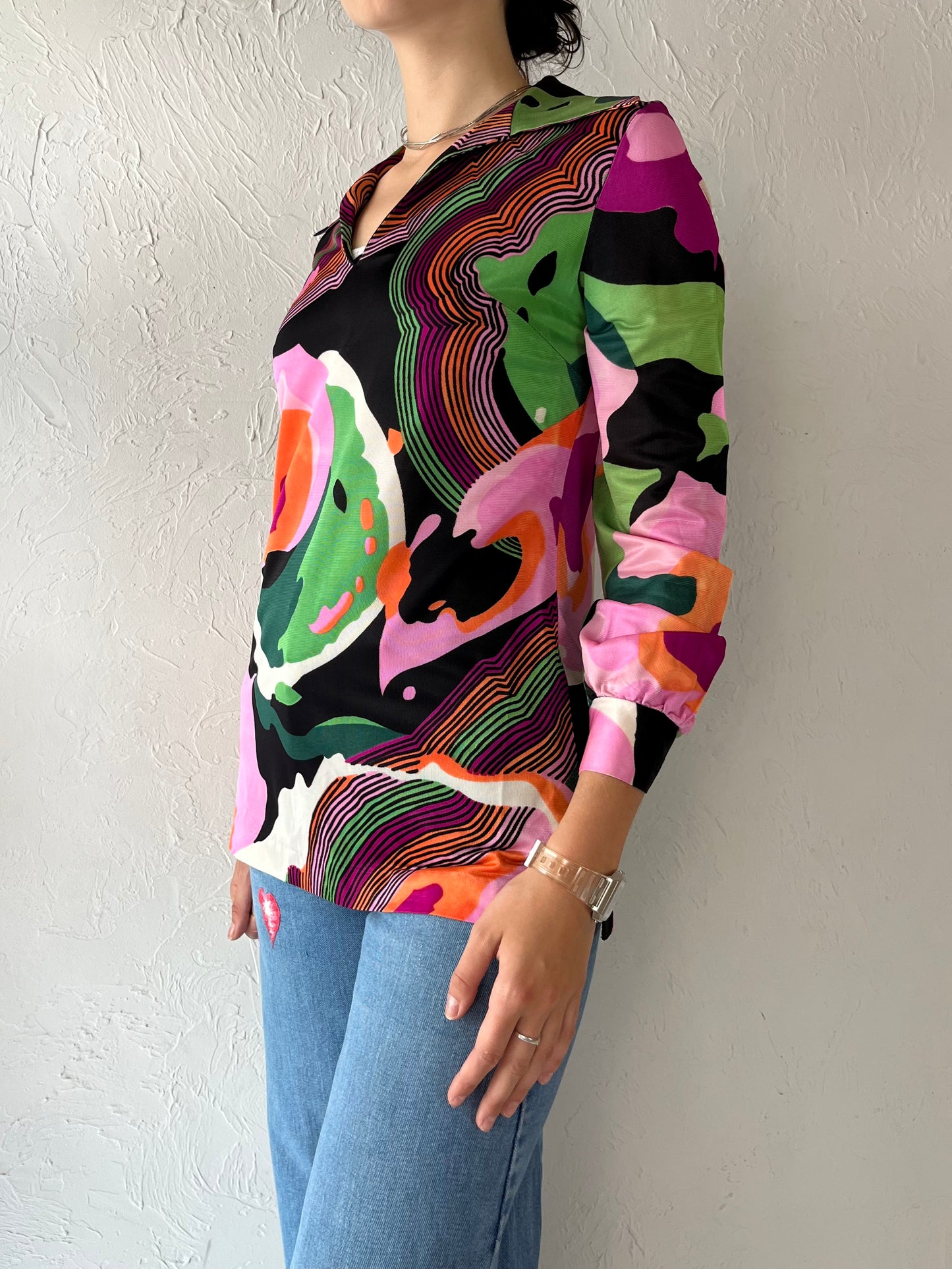 90s Abstract Print Long Sleeve Nylon Acetate Top / Small