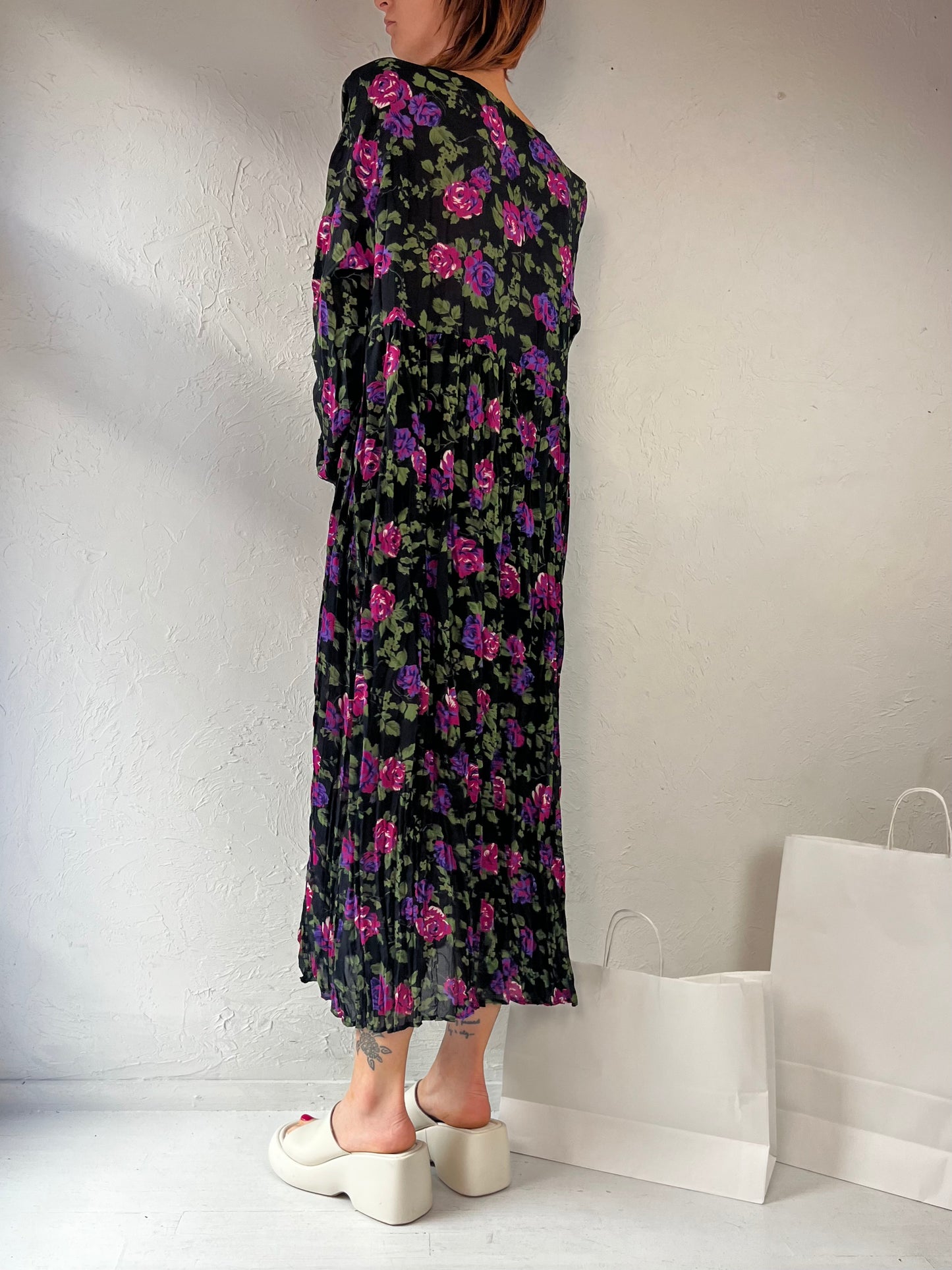 90s 'Kristy' Long Sleeve Floral Print Dress / Medium