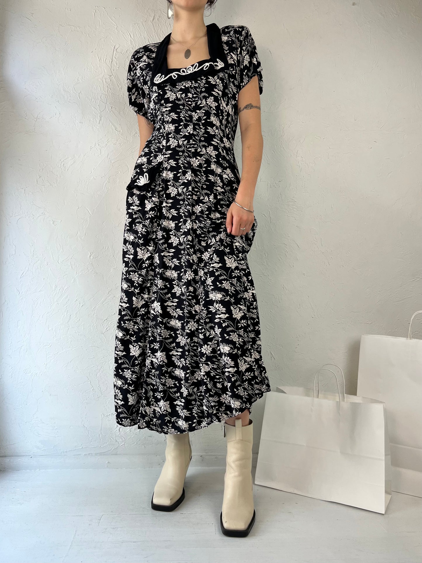 90s 'Style Works' Black Floral Print Rayon Dress / Medium