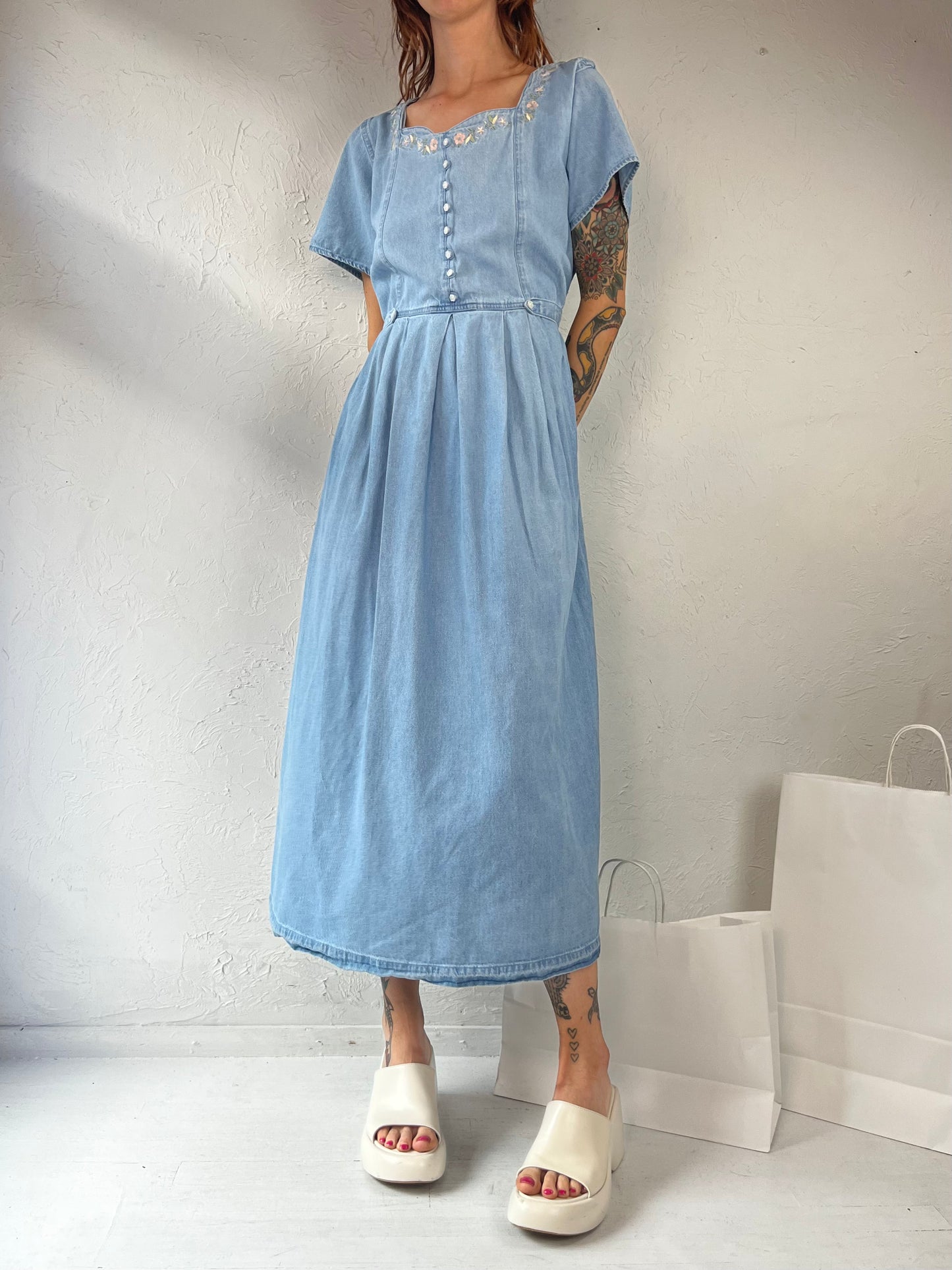 90s Fitted Denim Maxi Dress / Large