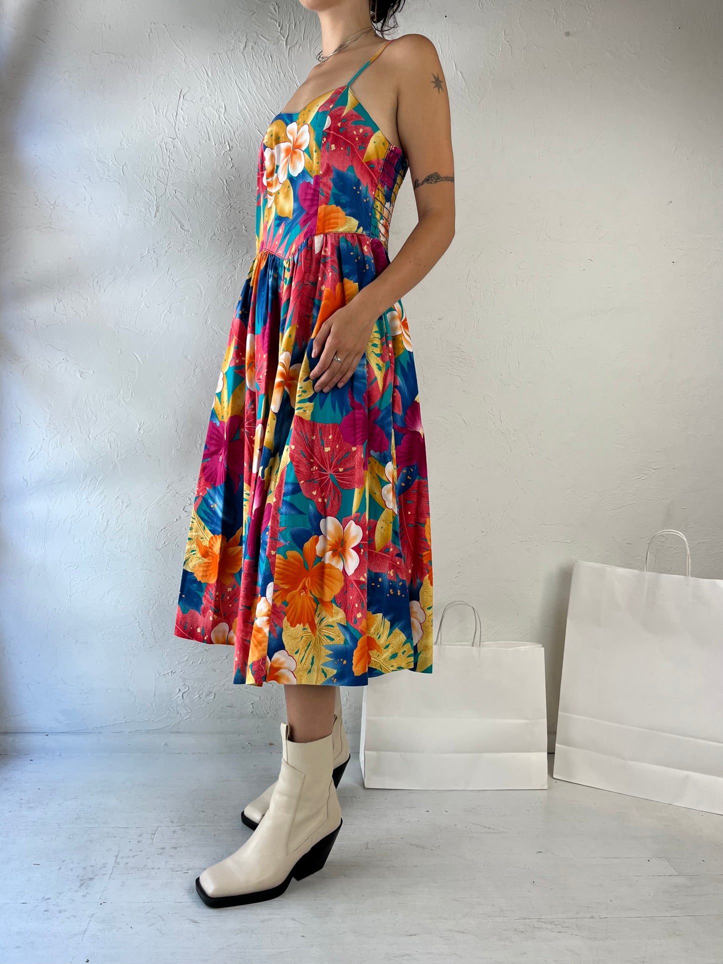 70s 'Diamond Tea Gown' Floral Print Day Dress / Union Made / Small - Medium