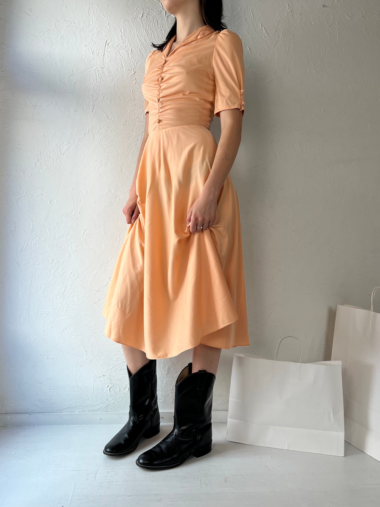 70s 'Sandi Gale' Peach Polyester Fitted Midi Dress / Small
