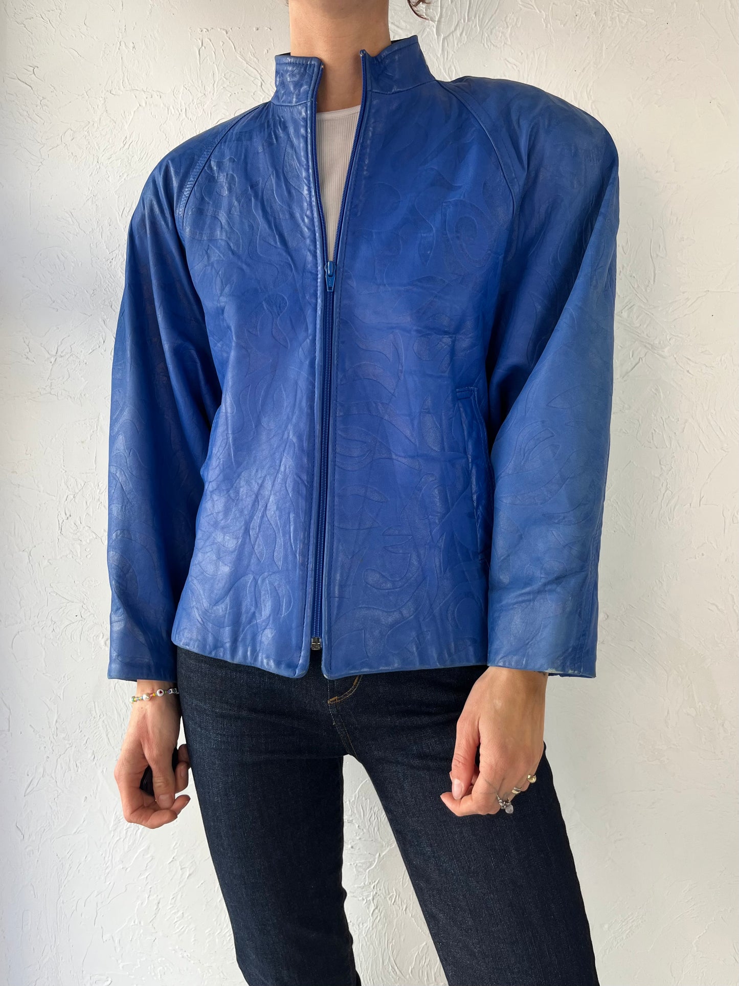 80s 'Danier' Blue Embossed Leather Jacket / Small