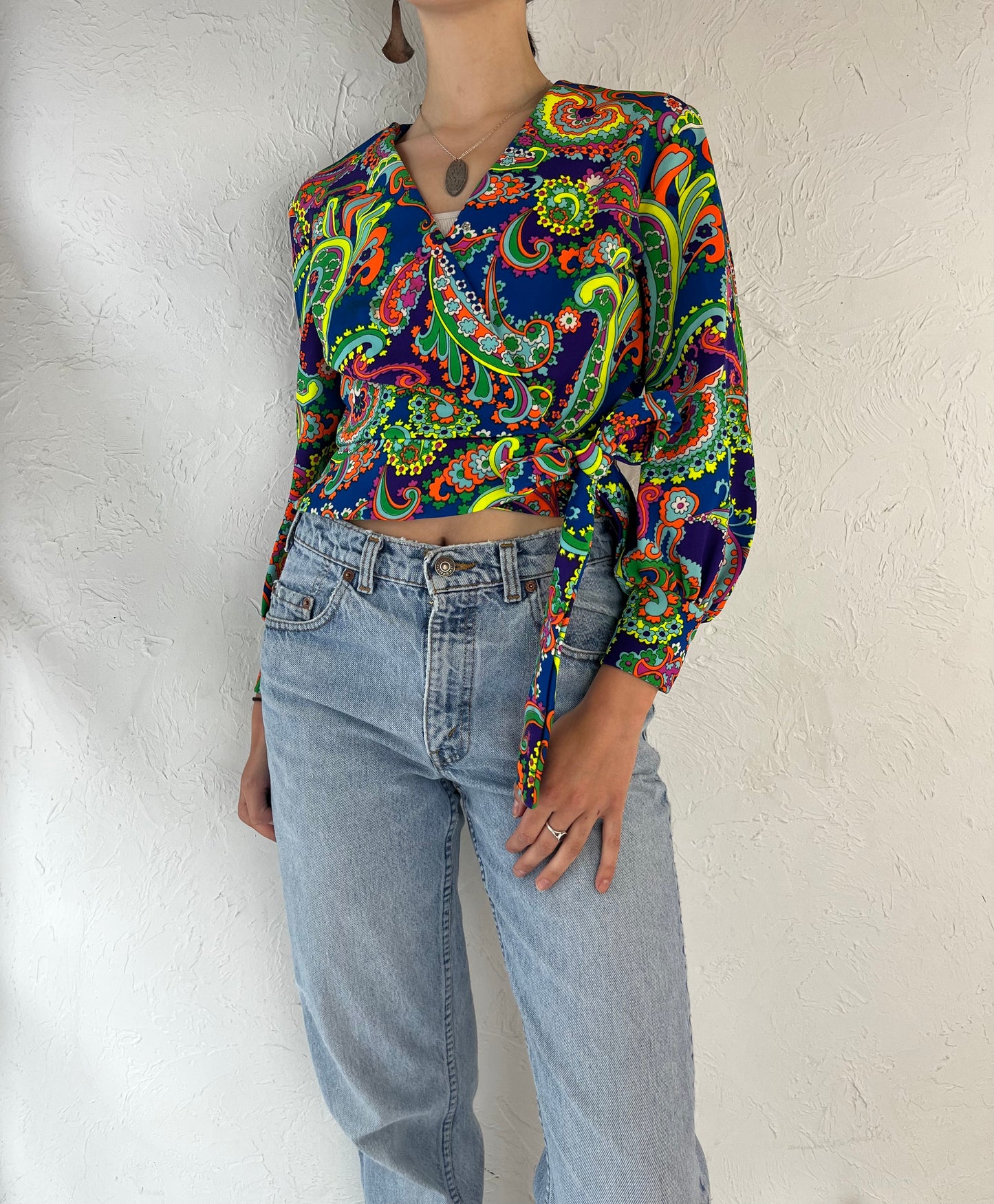 70s 'Diamond Tea Gour' Trippy Rainbow Floral Tie Top / Medium