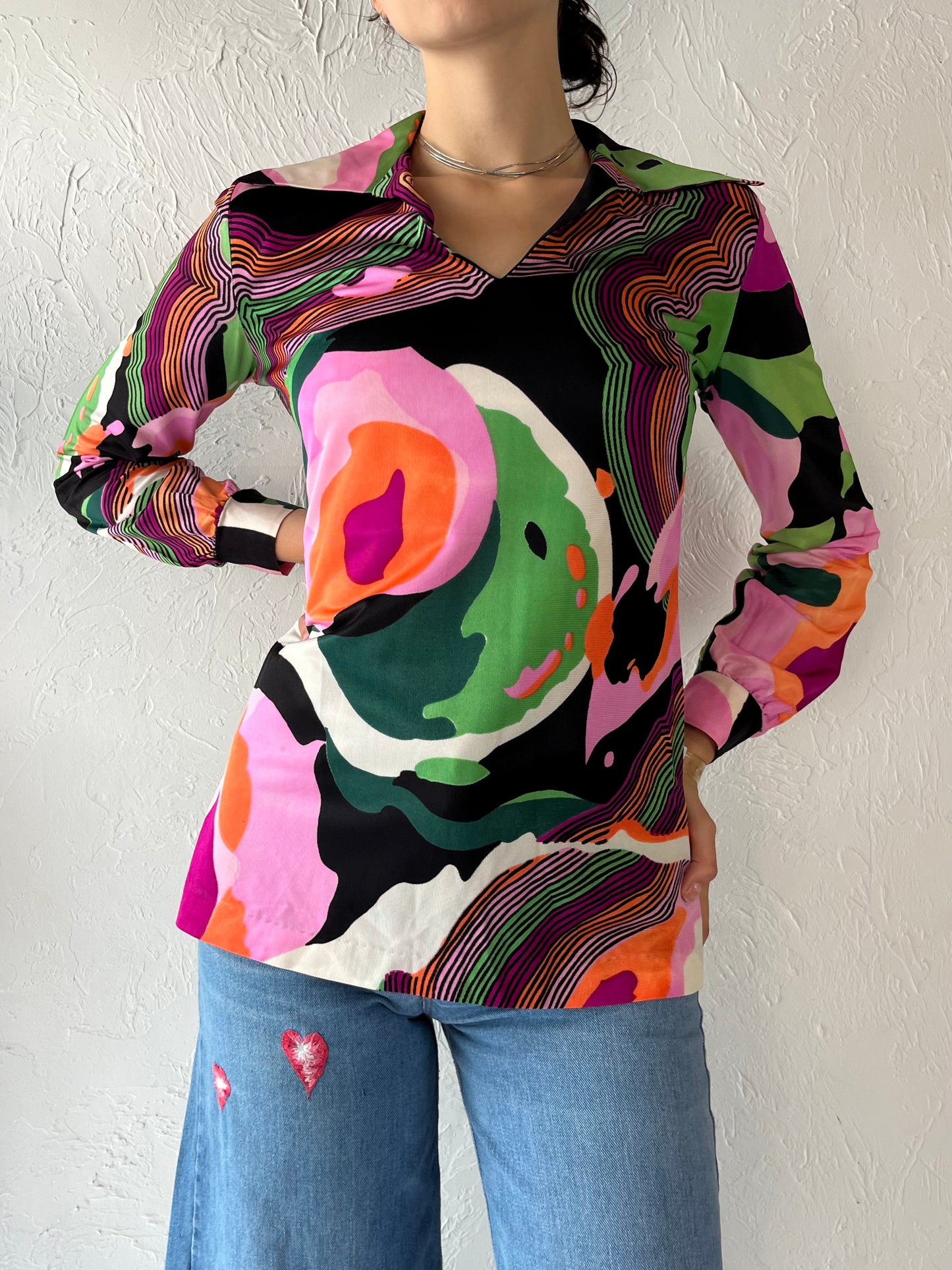 90s Abstract Print Long Sleeve Nylon Acetate Top / Small
