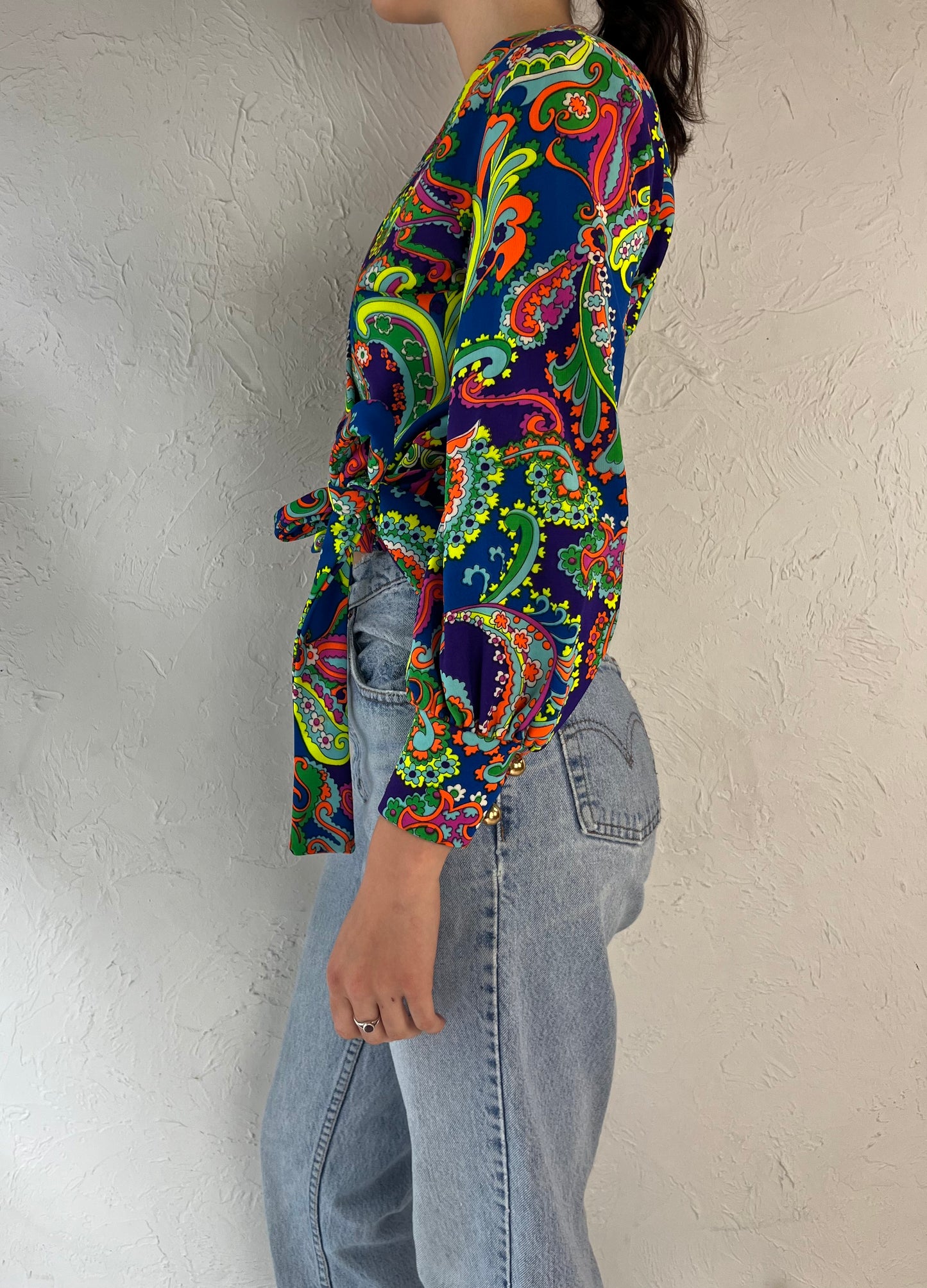 70s 'Diamond Tea Gour' Trippy Rainbow Floral Tie Top / Medium