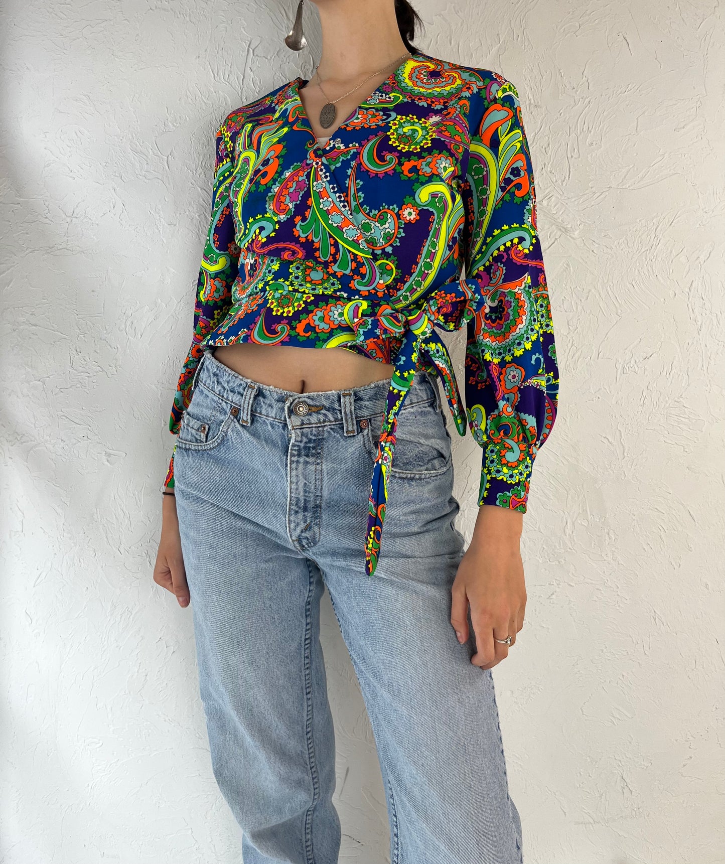 70s 'Diamond Tea Gour' Trippy Rainbow Floral Tie Top / Medium