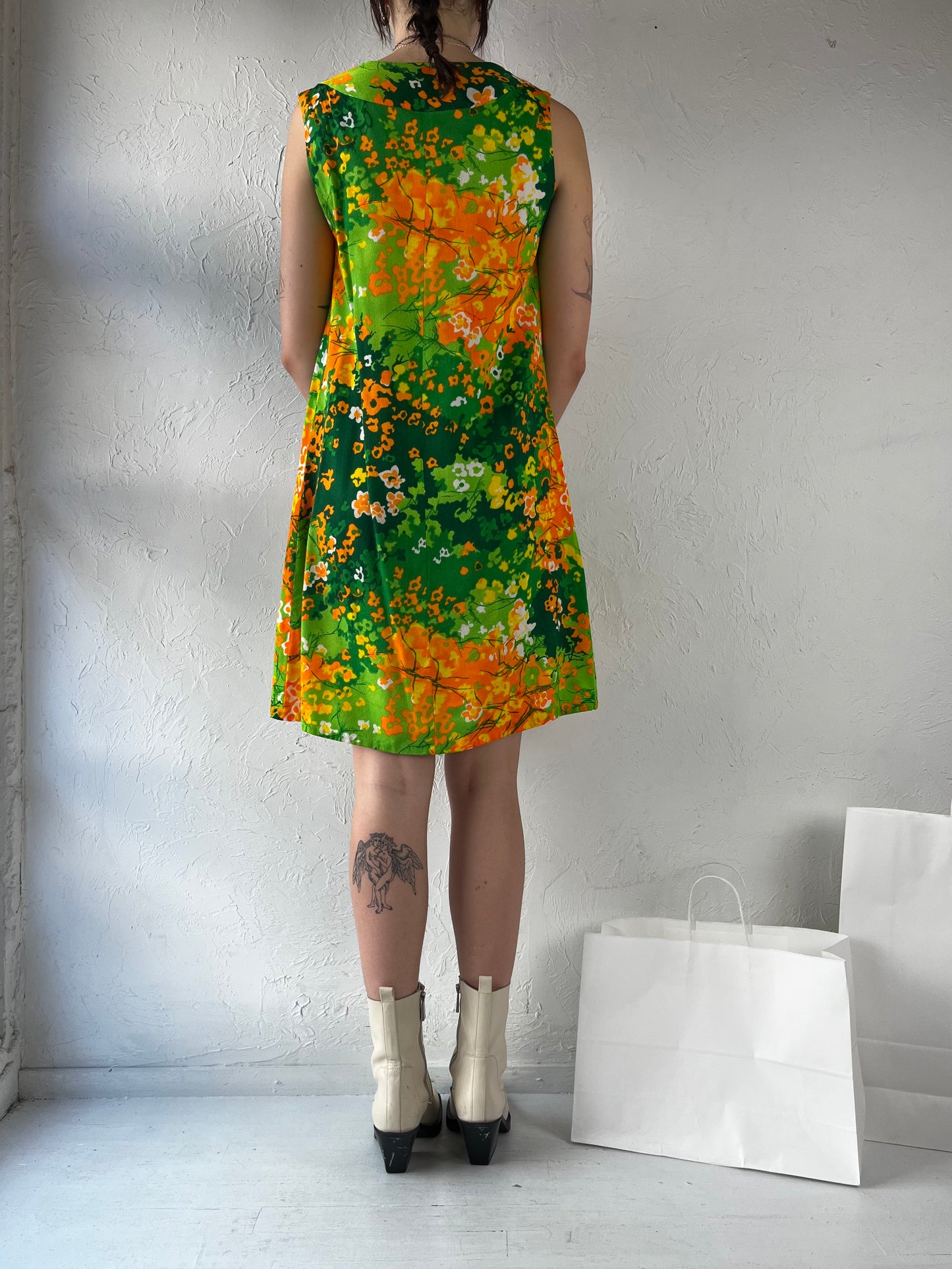 70s Green Floral Midi Dress / Medium