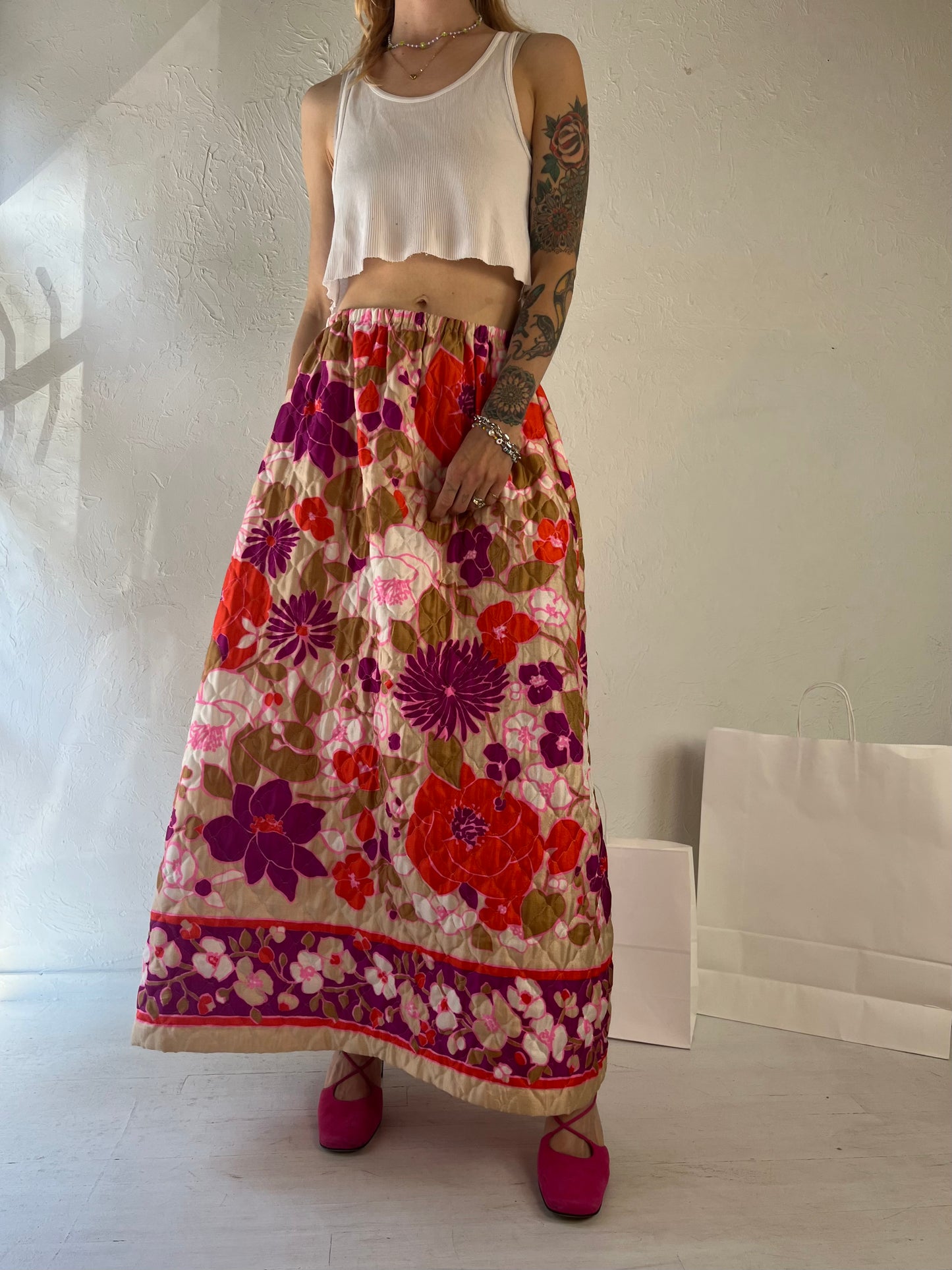 70s Handmade Quilted Floral Maxi Skirt / Small