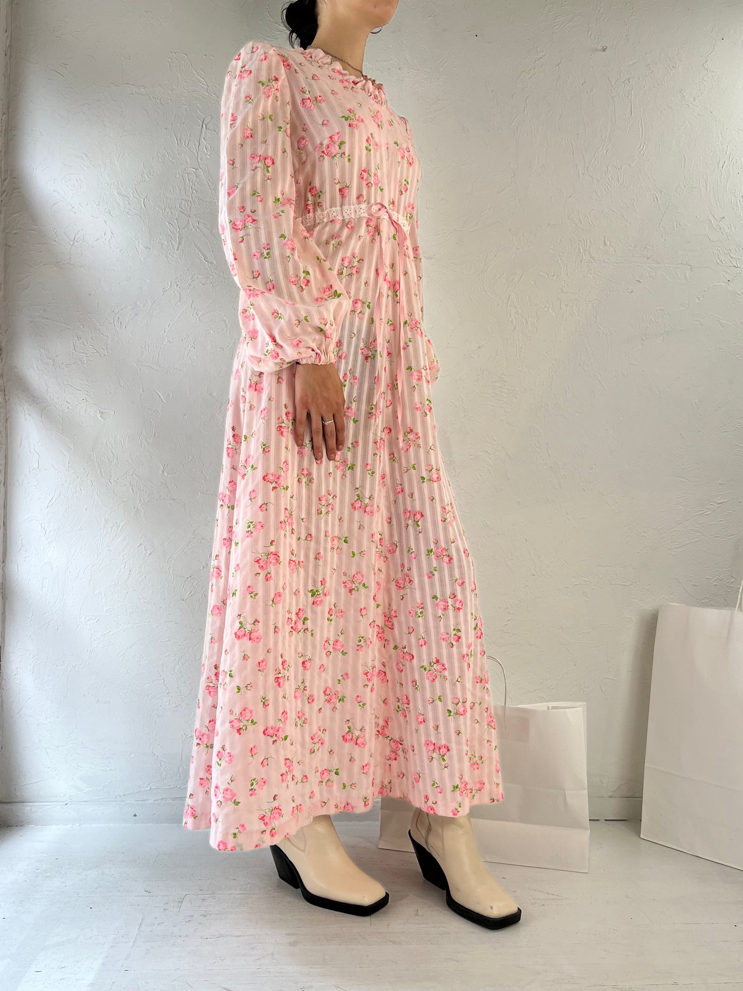 80s Pink Long Sleeve Flower Peasant Dress / Small