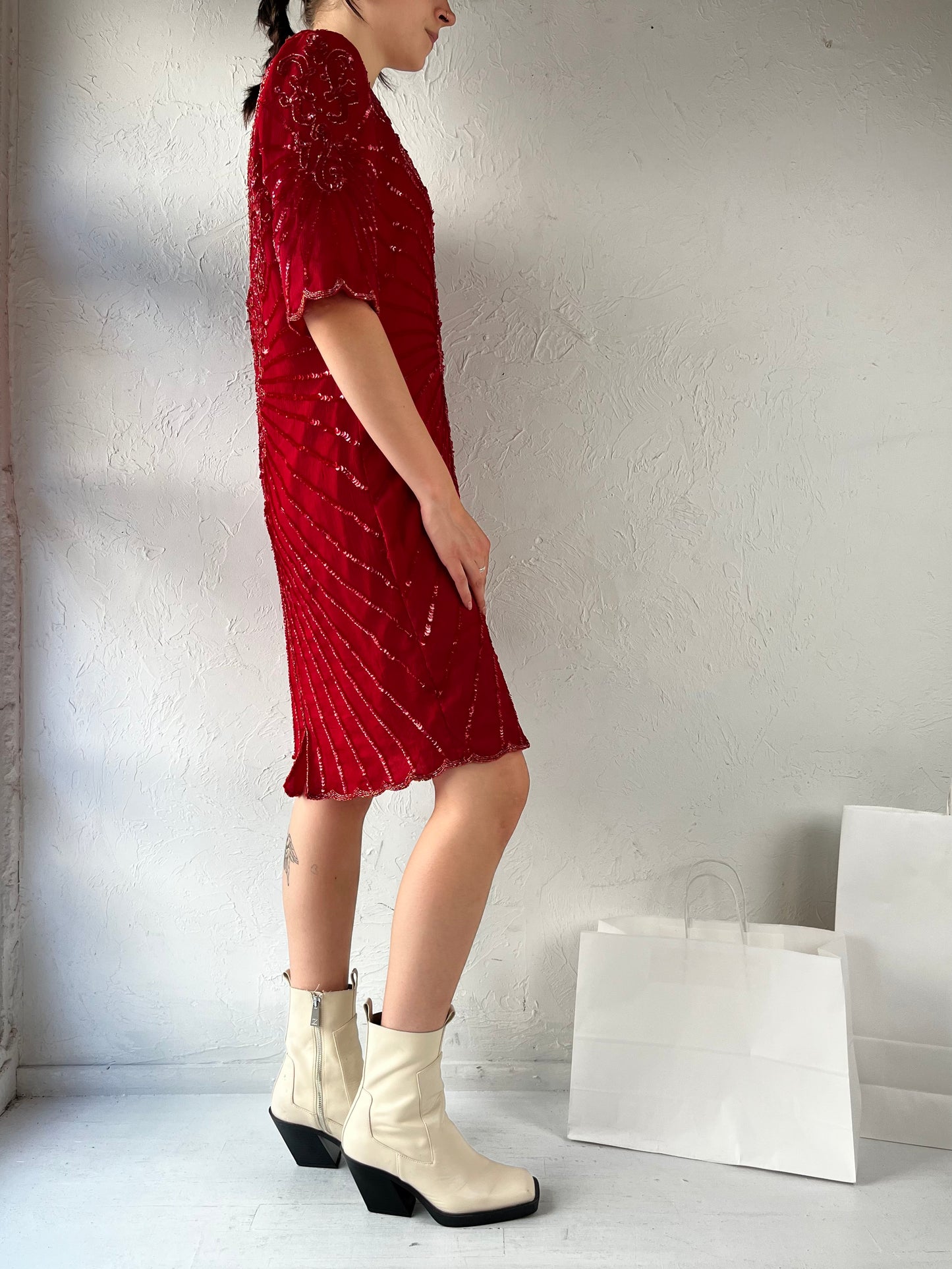90s 'Styleworks' Red Beaded Silk Dress / Large
