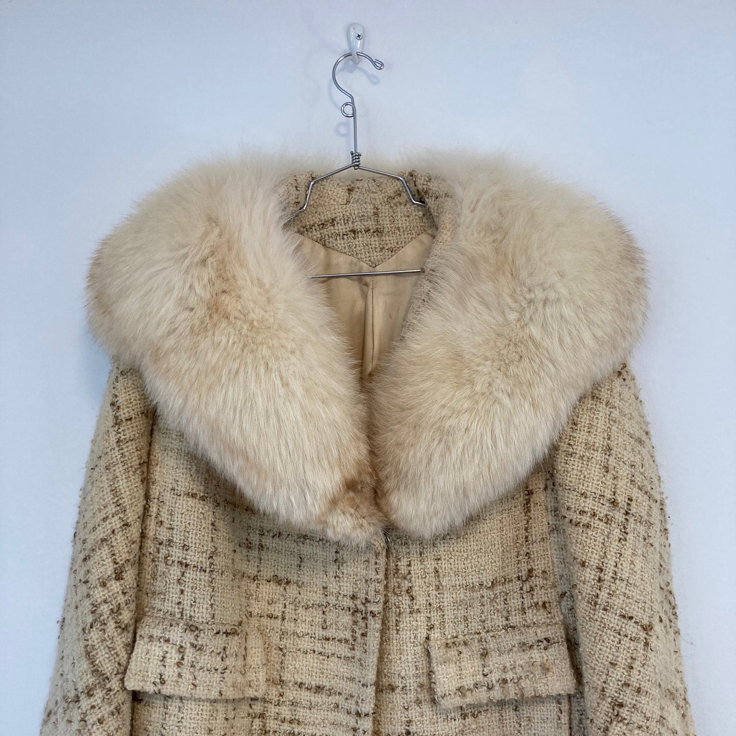 50s Rabbit Fur Collared Coat / Cream Evening Coat / Medium