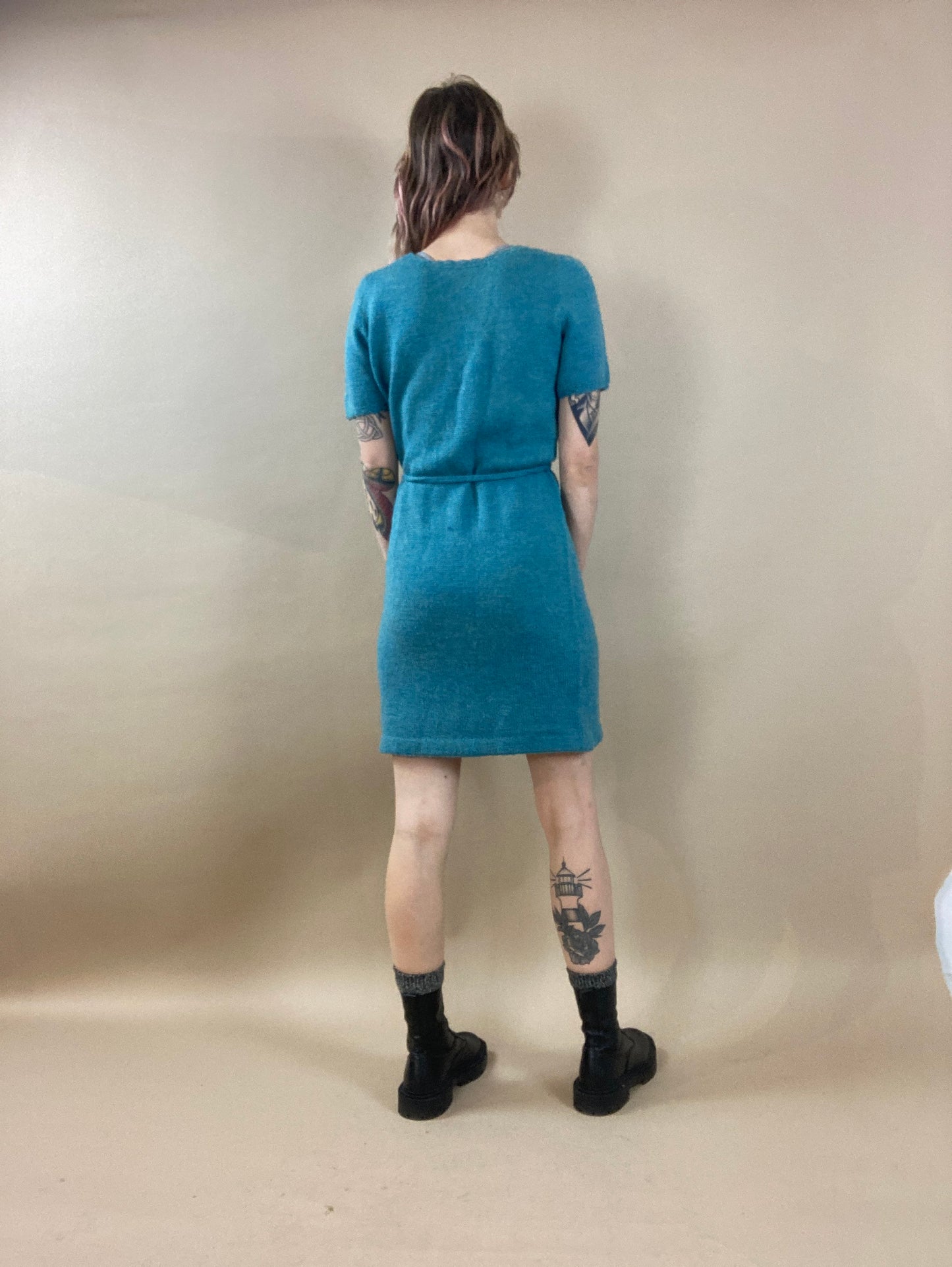 80s Hand Knit Blue Wool Blend Short Sleeve Dress / 1980s Women's Mini Shirt Dress / Small