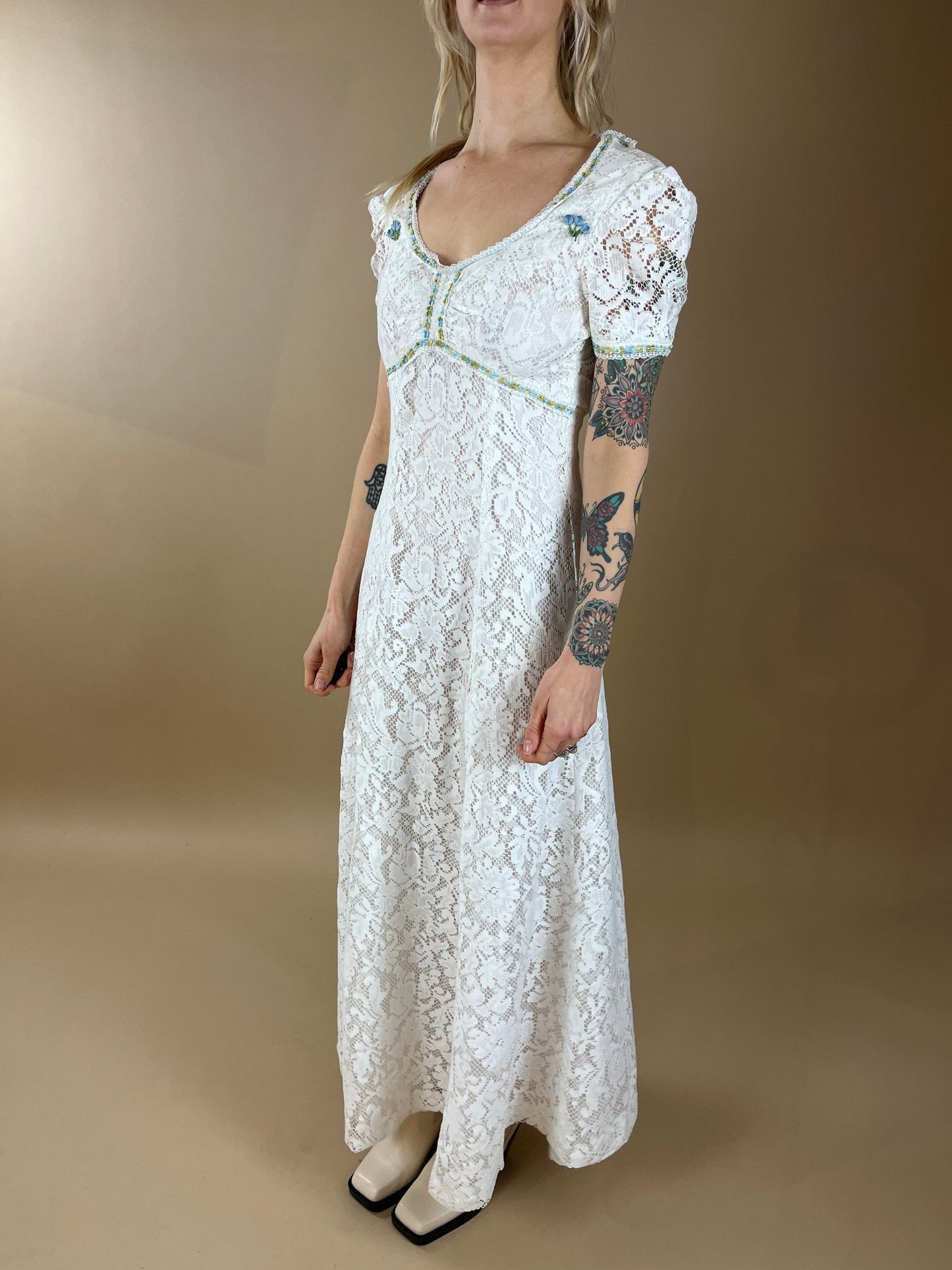 80s Peasant Style Lace Hippie Long Dress / XS