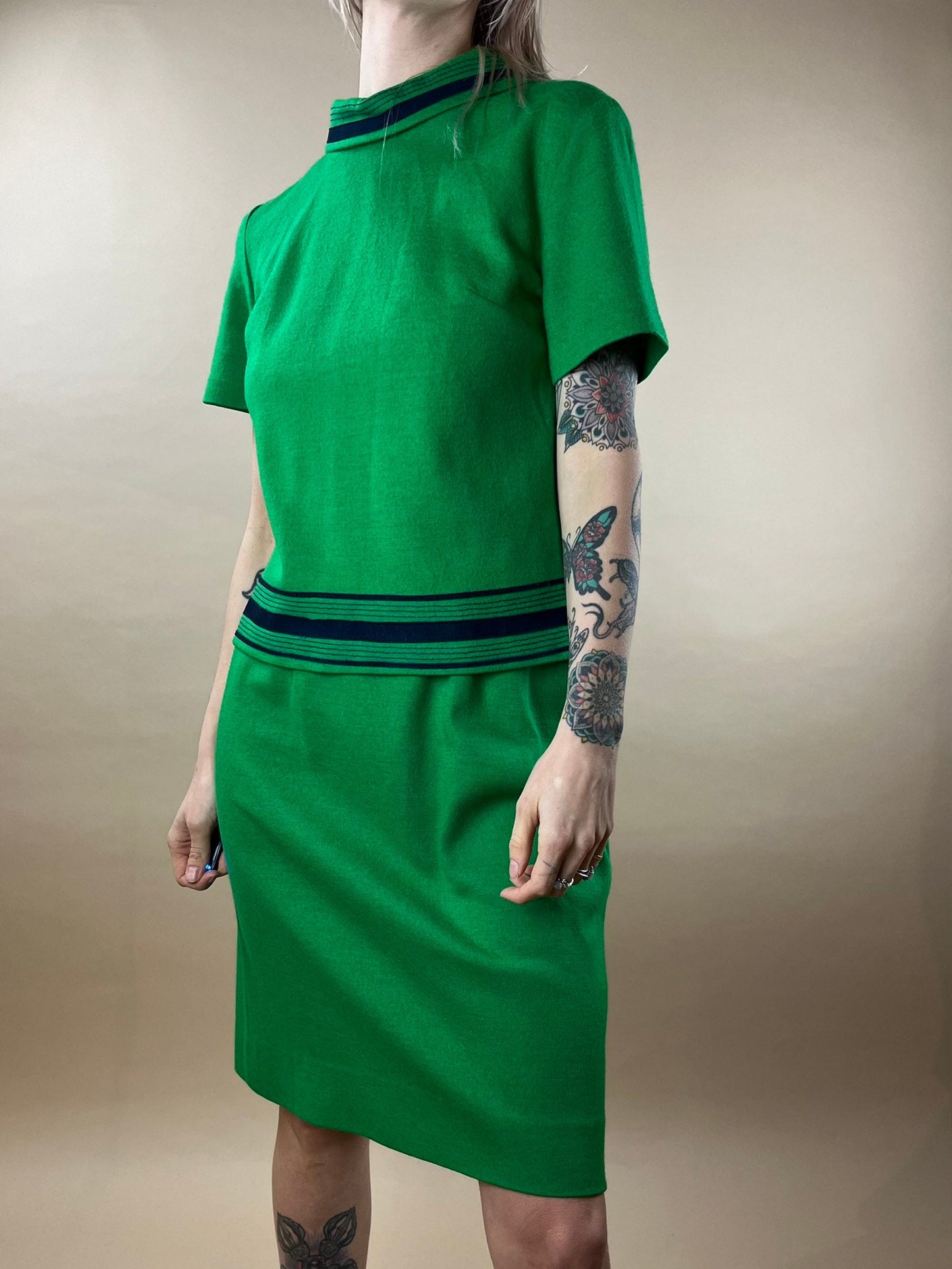 70s Green Wool Set / Matching Shirt Skirt Set / Handmade / Small