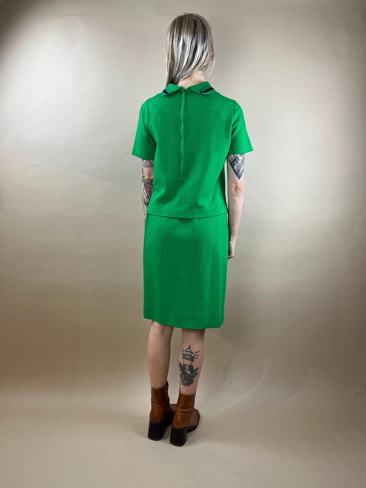 70s Green Wool Set / Matching Shirt Skirt Set / Handmade / Small