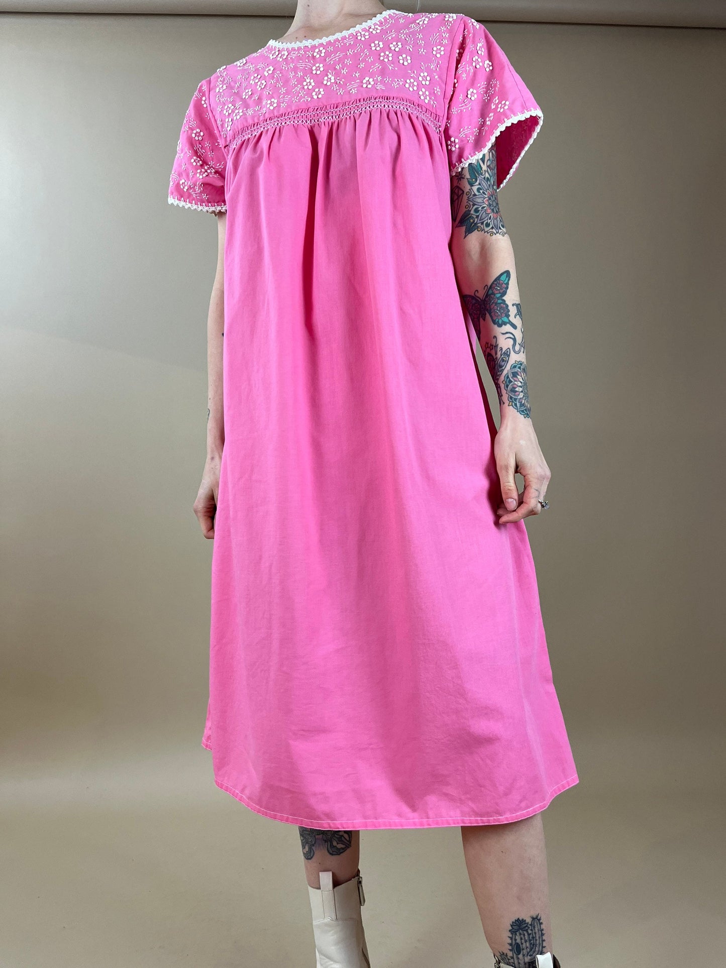 70s Pink Embroidered Mumu Dress / Handmade / Medium