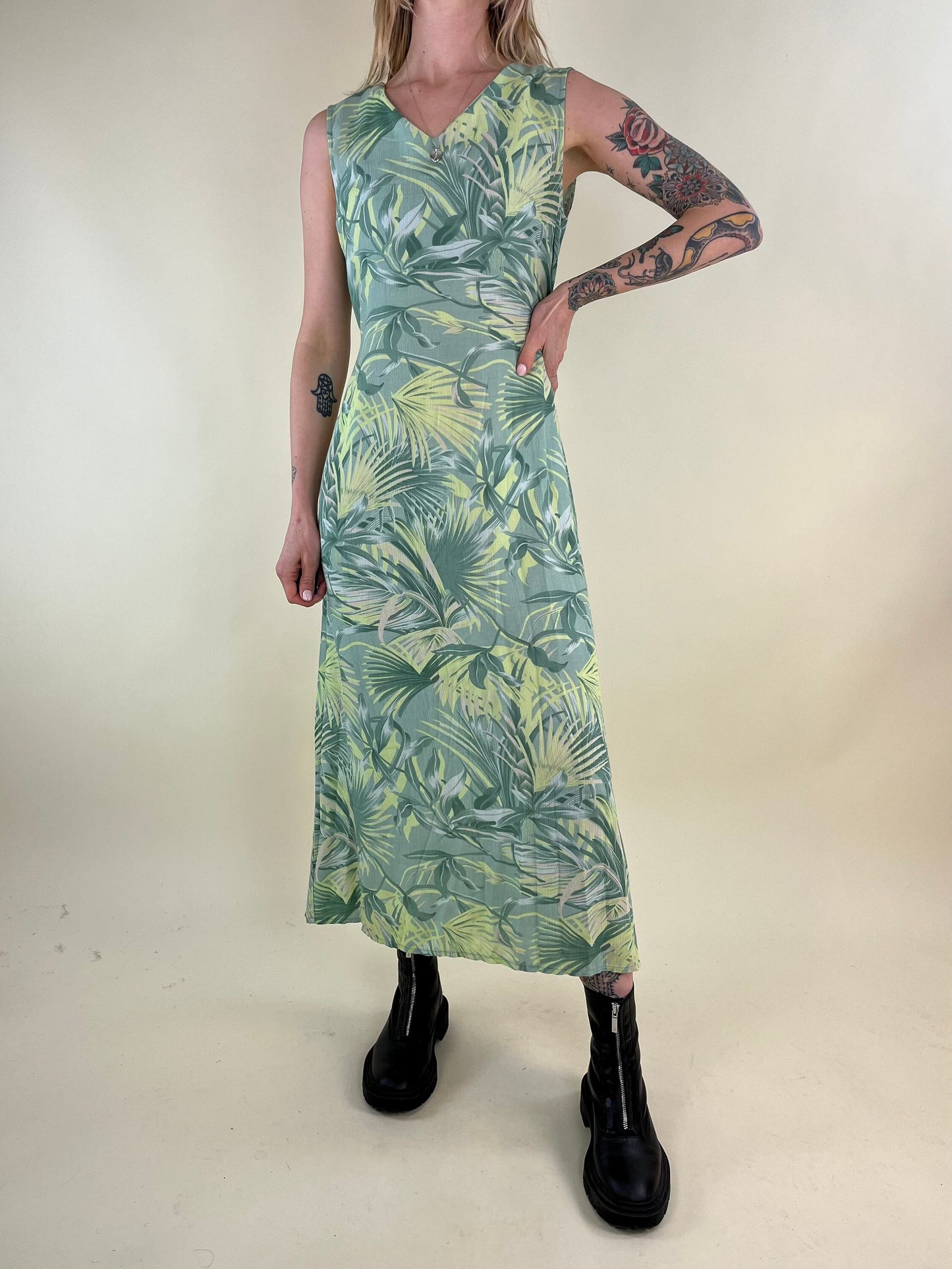 90s Green Floral Print Sleeveless Rayon Maxi Dress / Small