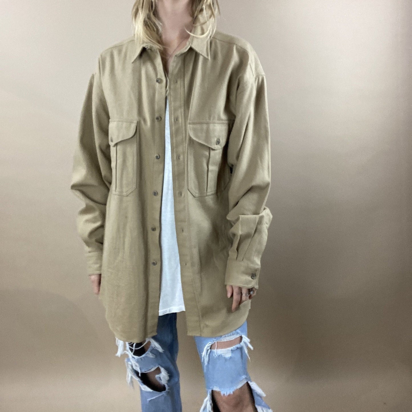 90s Beige Cotton Filson Oxford / 1990s Unisex Oversize Button Up Shirt / Large