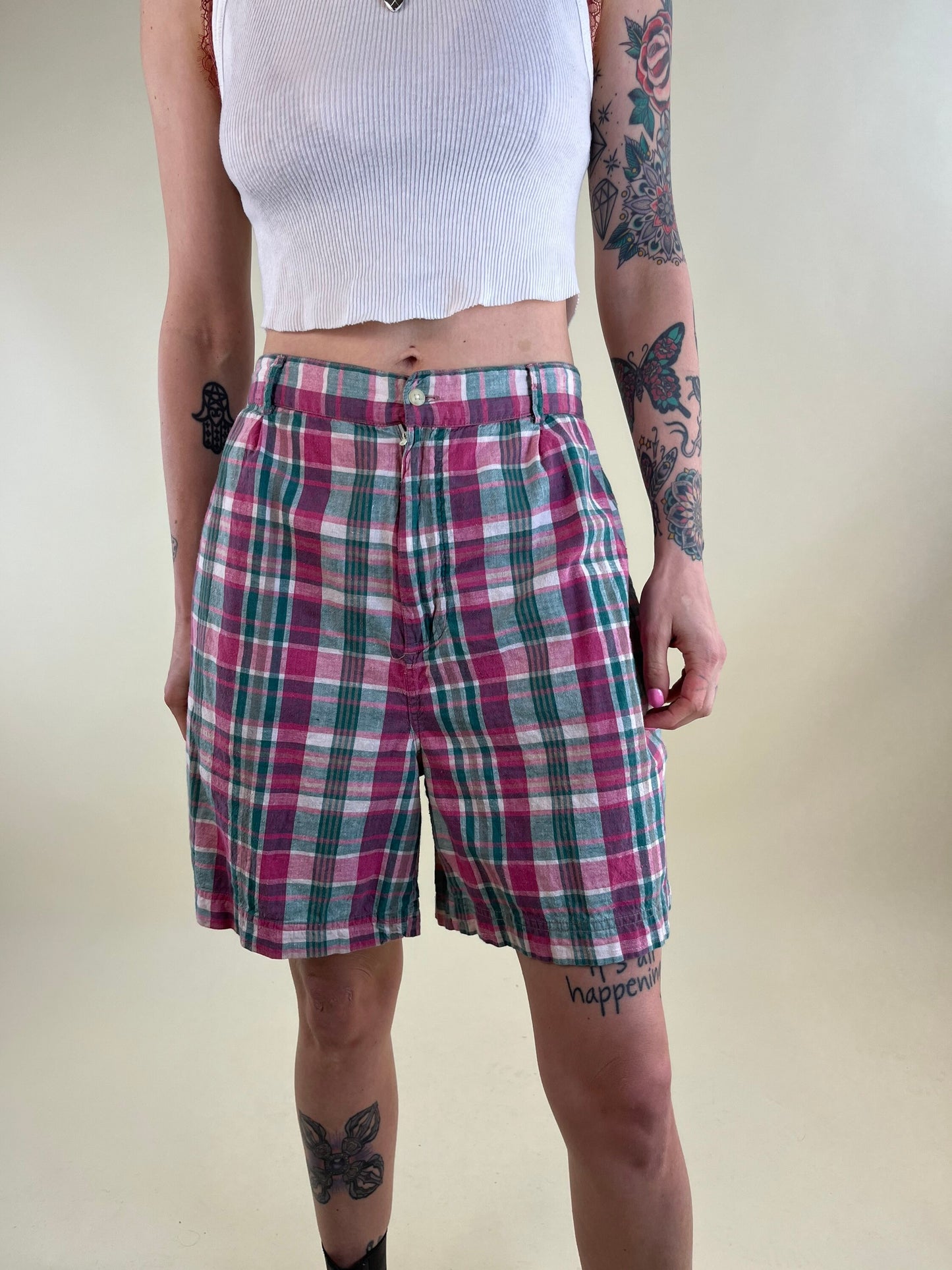 90s Pink and Green Plaid Cotton Shorts / Medium