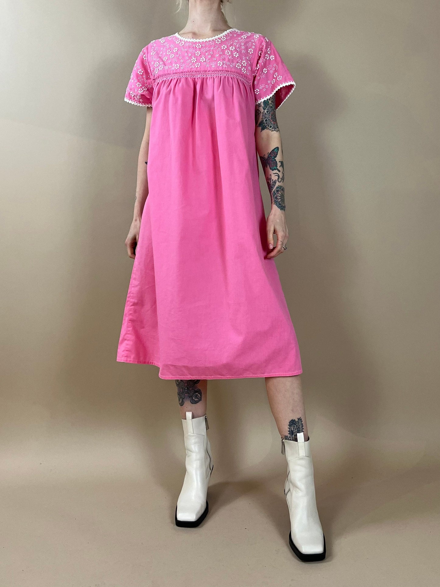 70s Pink Embroidered Mumu Dress / Handmade / Medium