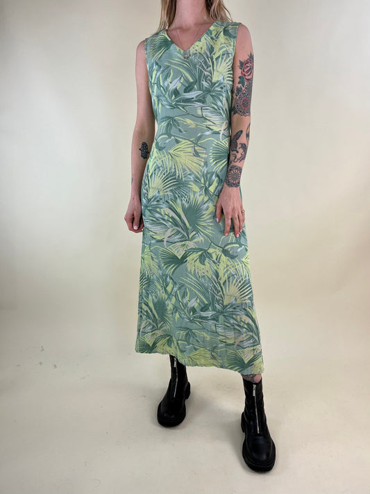 90s Green Floral Print Sleeveless Rayon Maxi Dress / Small