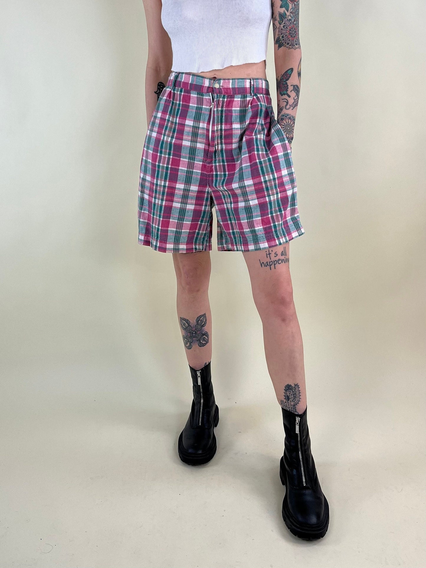 90s Pink and Green Plaid Cotton Shorts / Medium