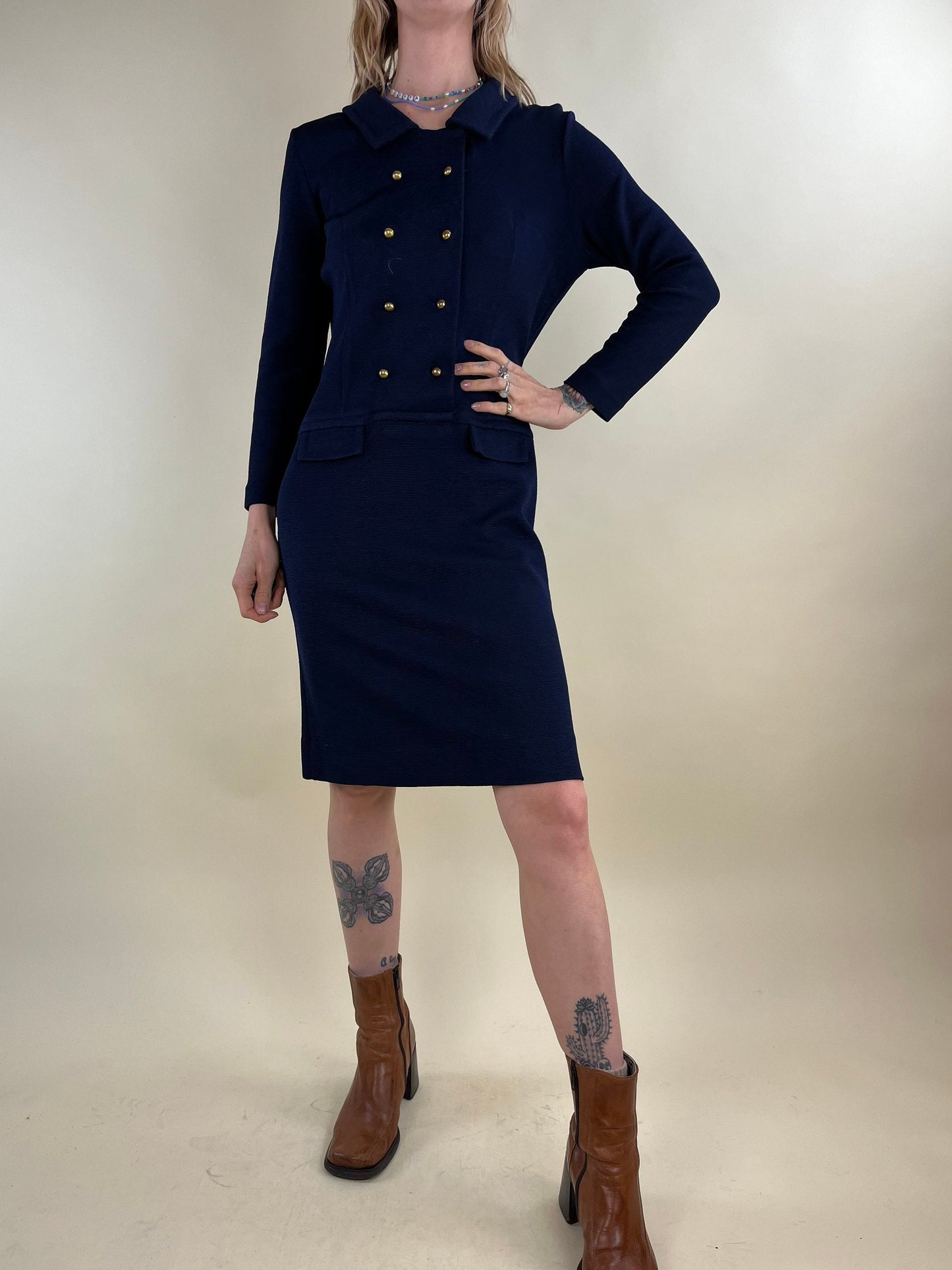 70s Navy Blue Shift Dress / Small