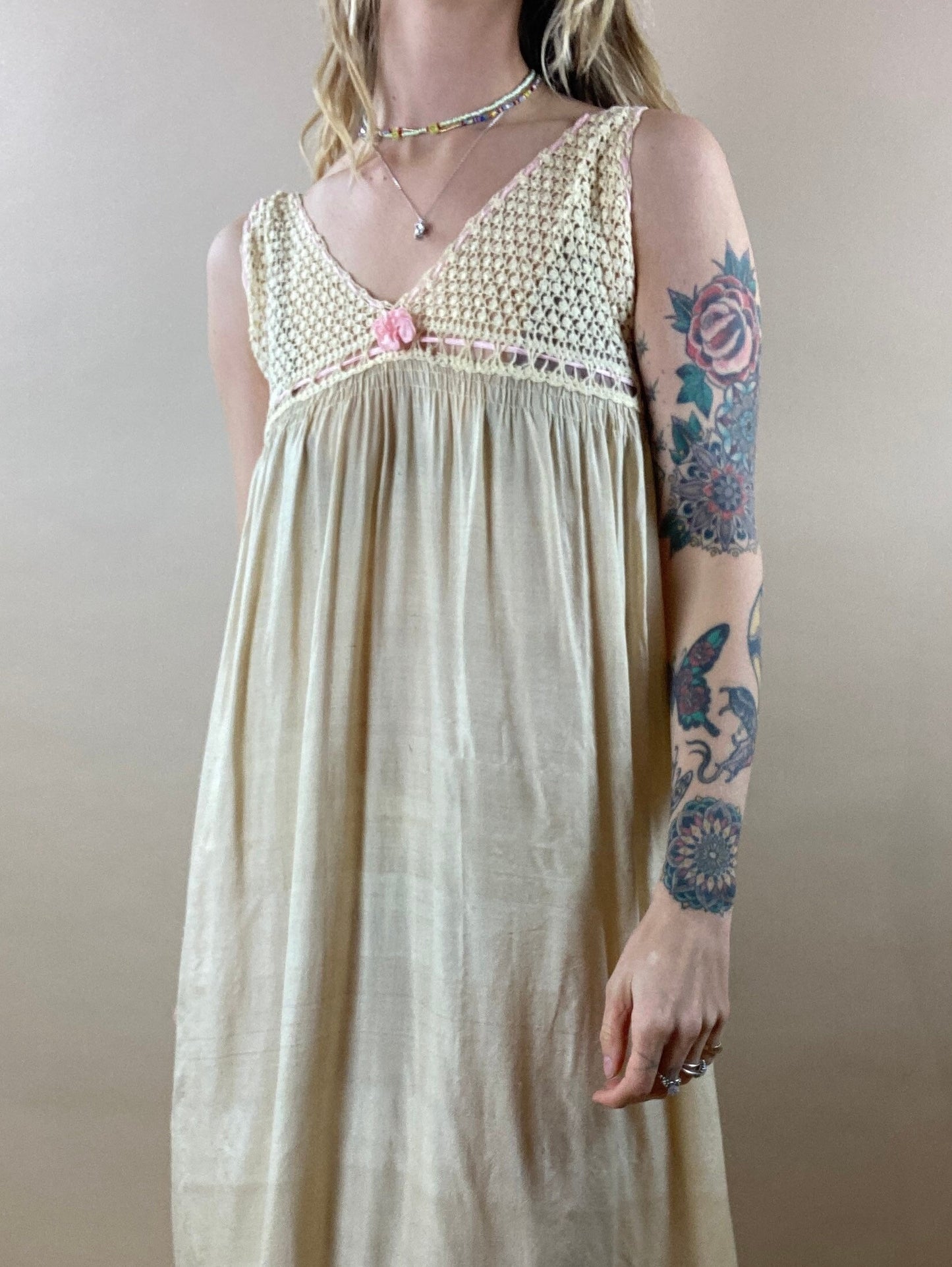 70s Crochet Sheer Champagne Slip Dress / Long Hippie boho Maxi Dress / Small