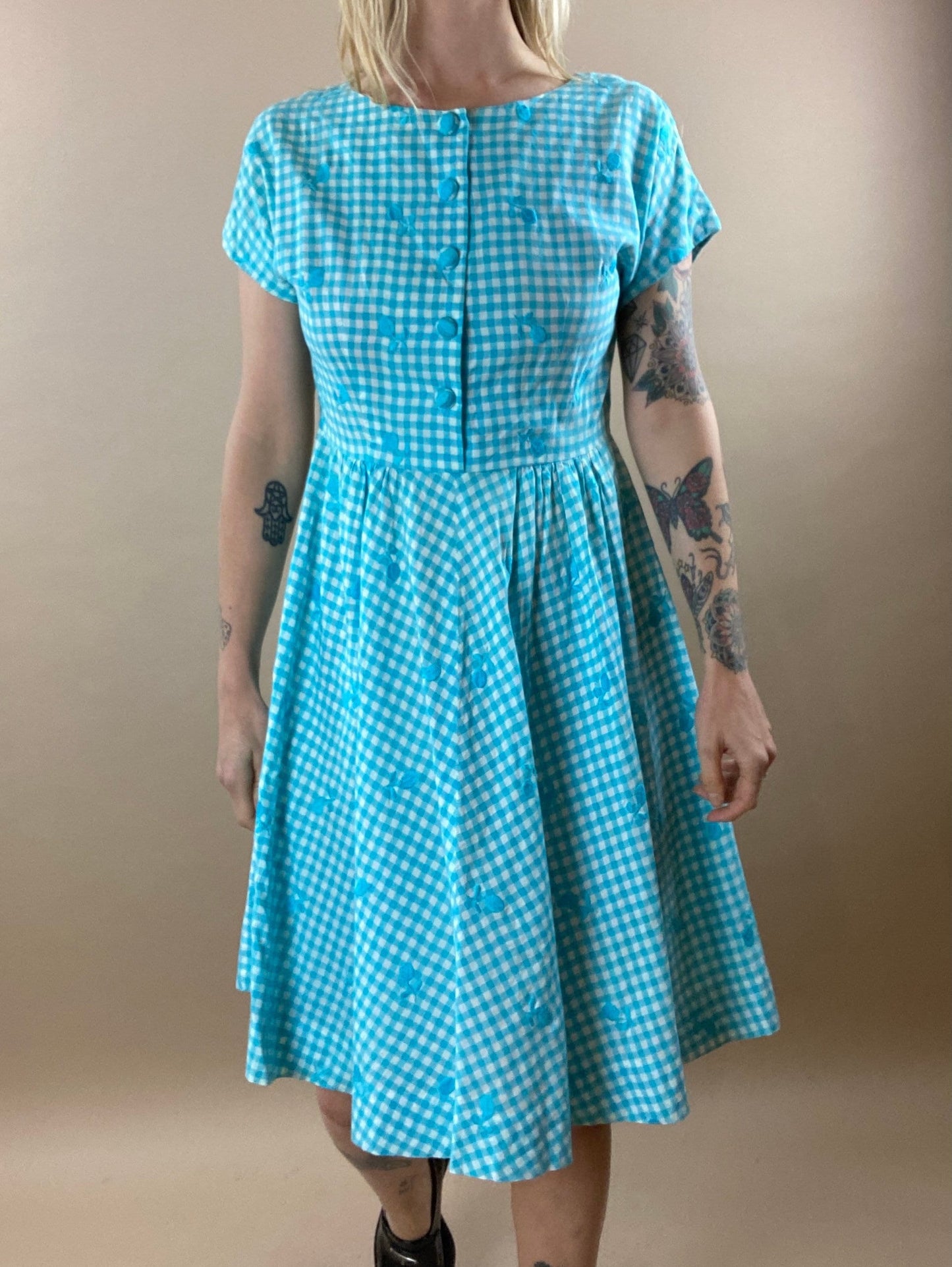 50s Blue & White Checker Dress / True Vintage Pin Up / Small