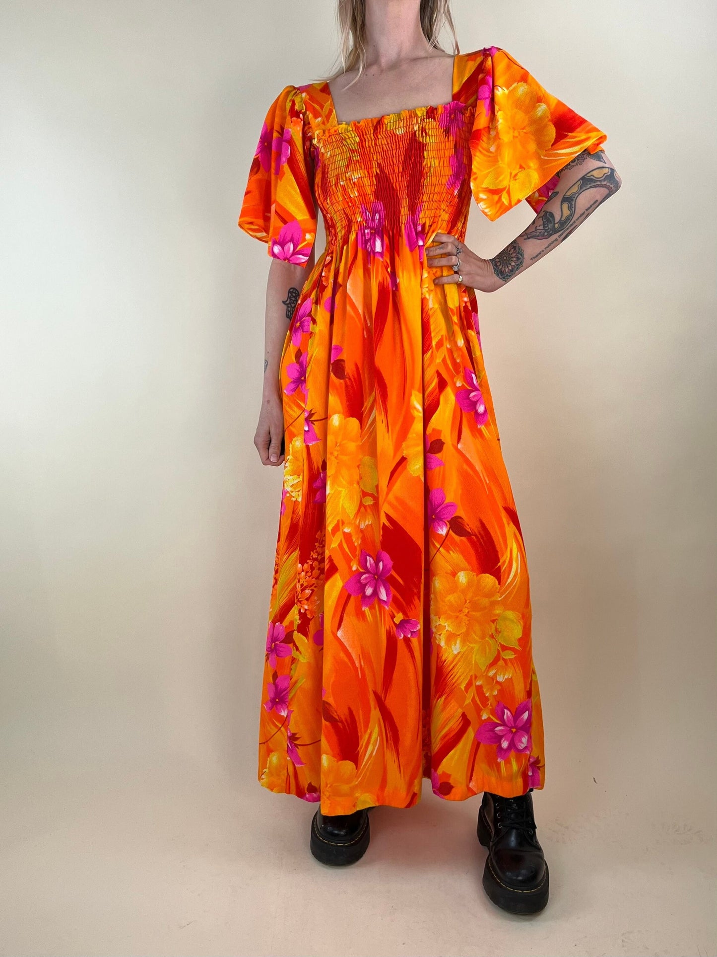 70s Neon Floral Print Hippie Maxi Dress / Small