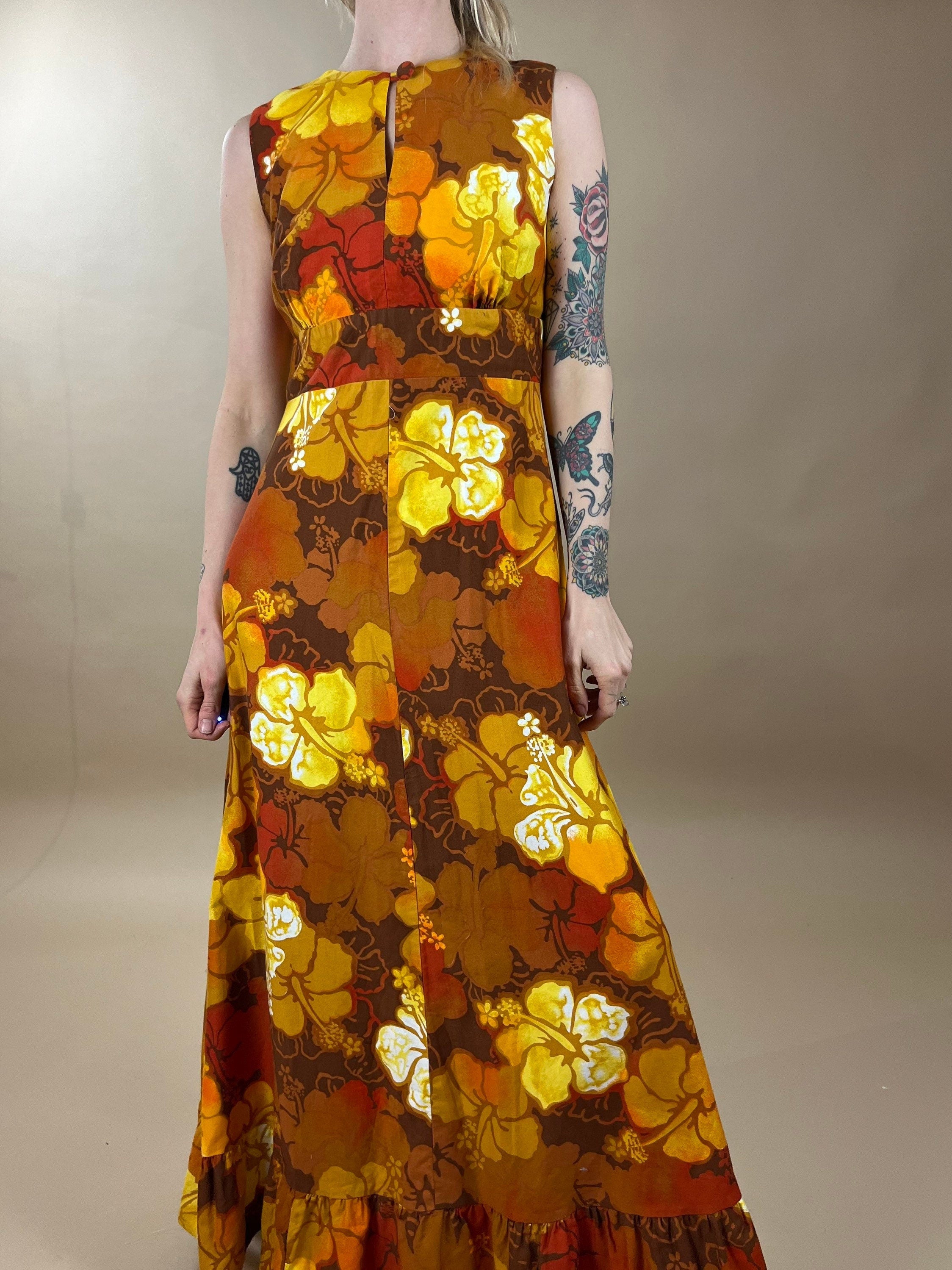 70s Yellow Orange Tropical Print Sleeveless Key Hole Maxi Dress