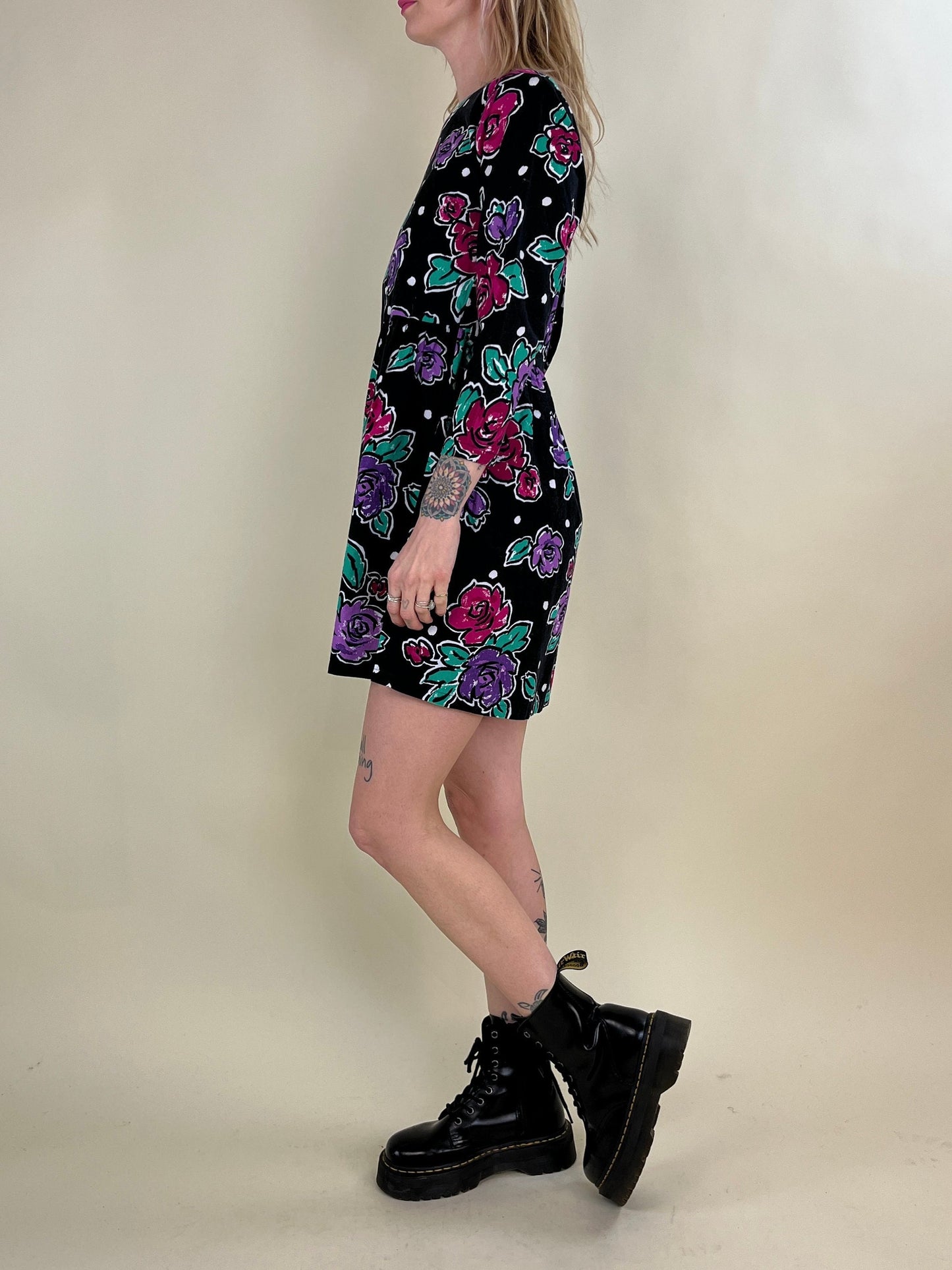 80s Black Cotton Floral Print Long Sleeve Mini Dress / Small